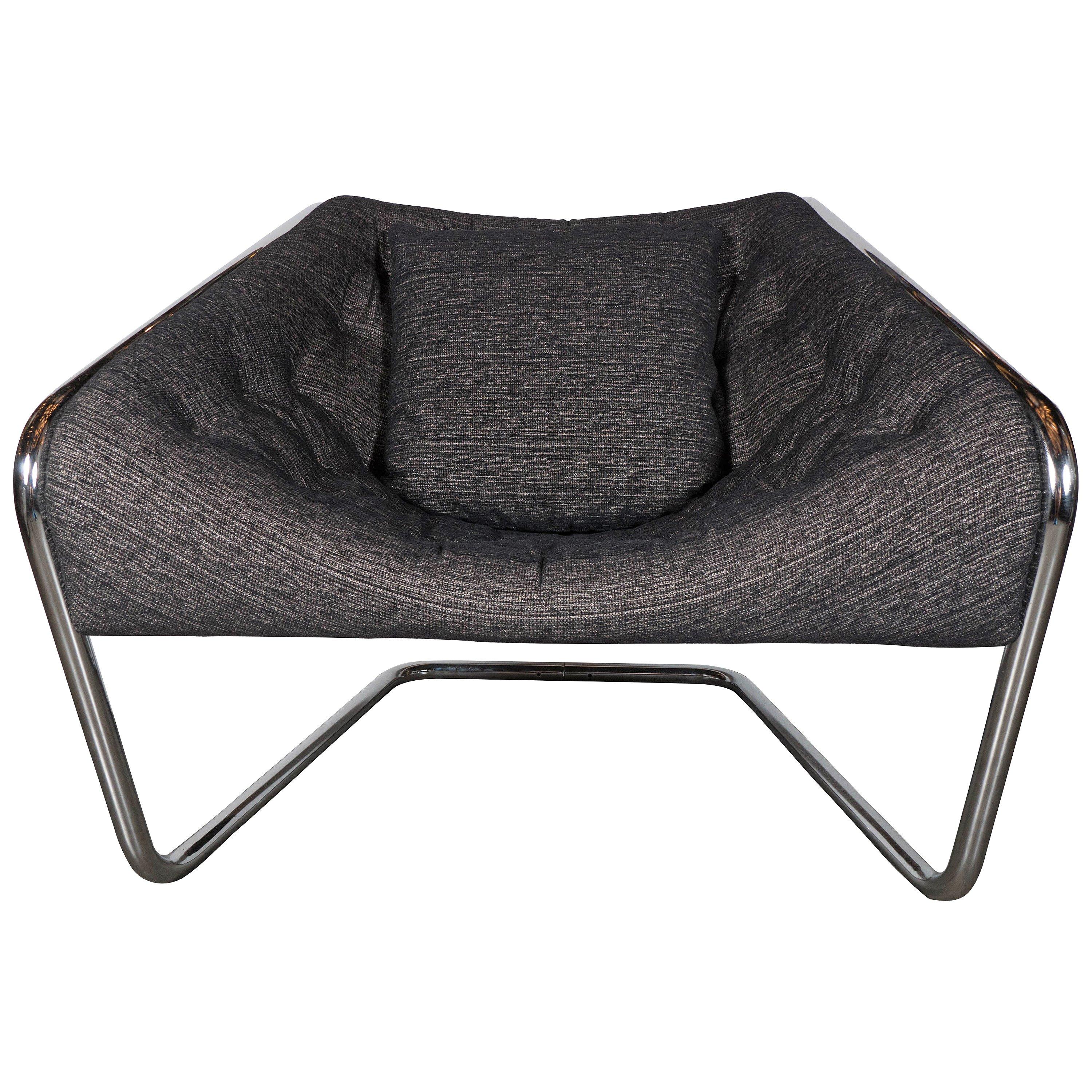 Mid-Century Modernist Tubular Angled Cantilever Chair and Metallic Upholstery