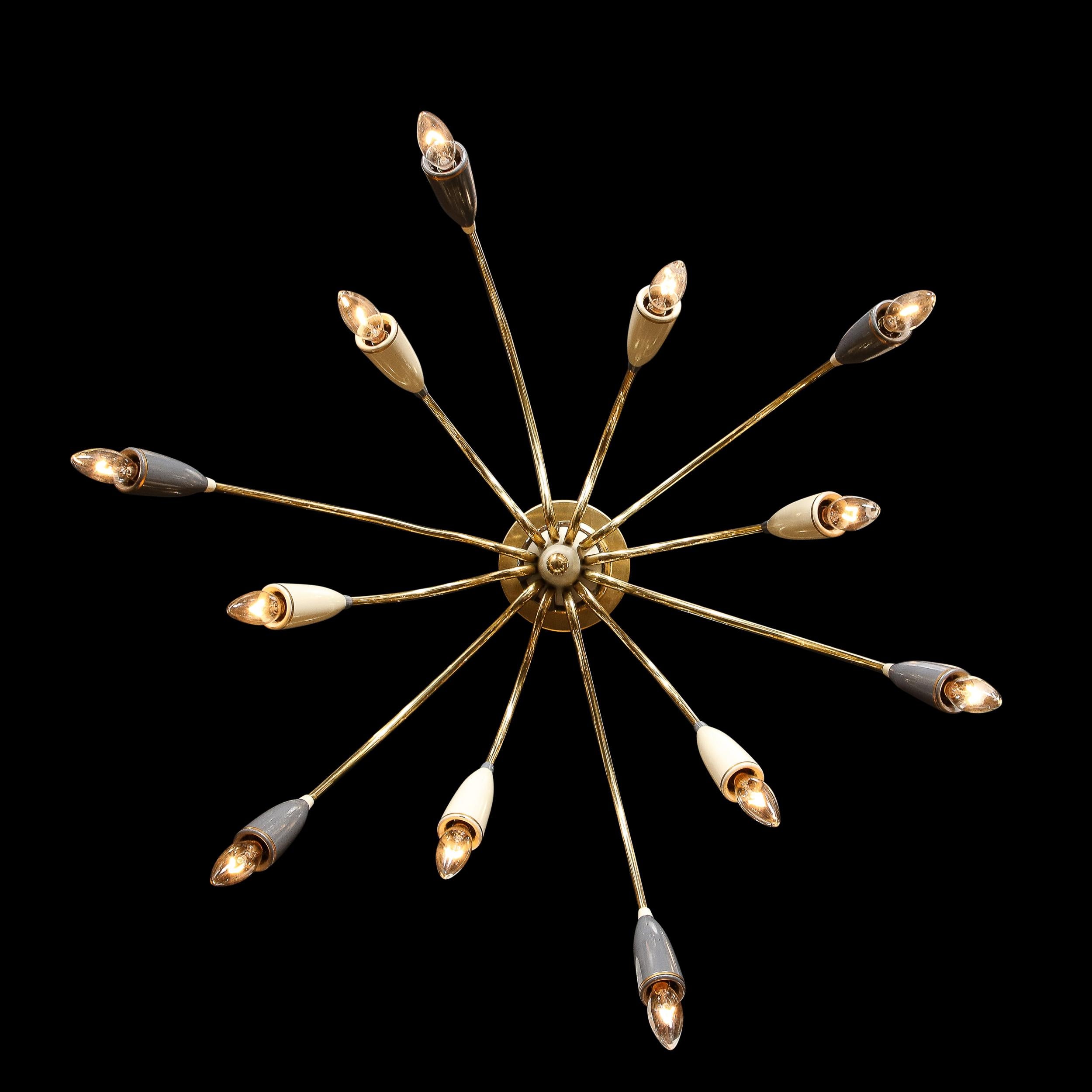 Mid-Century Modernist Twelve Arm Brass and Enamel Chandelier by Stilnovo In Excellent Condition For Sale In New York, NY