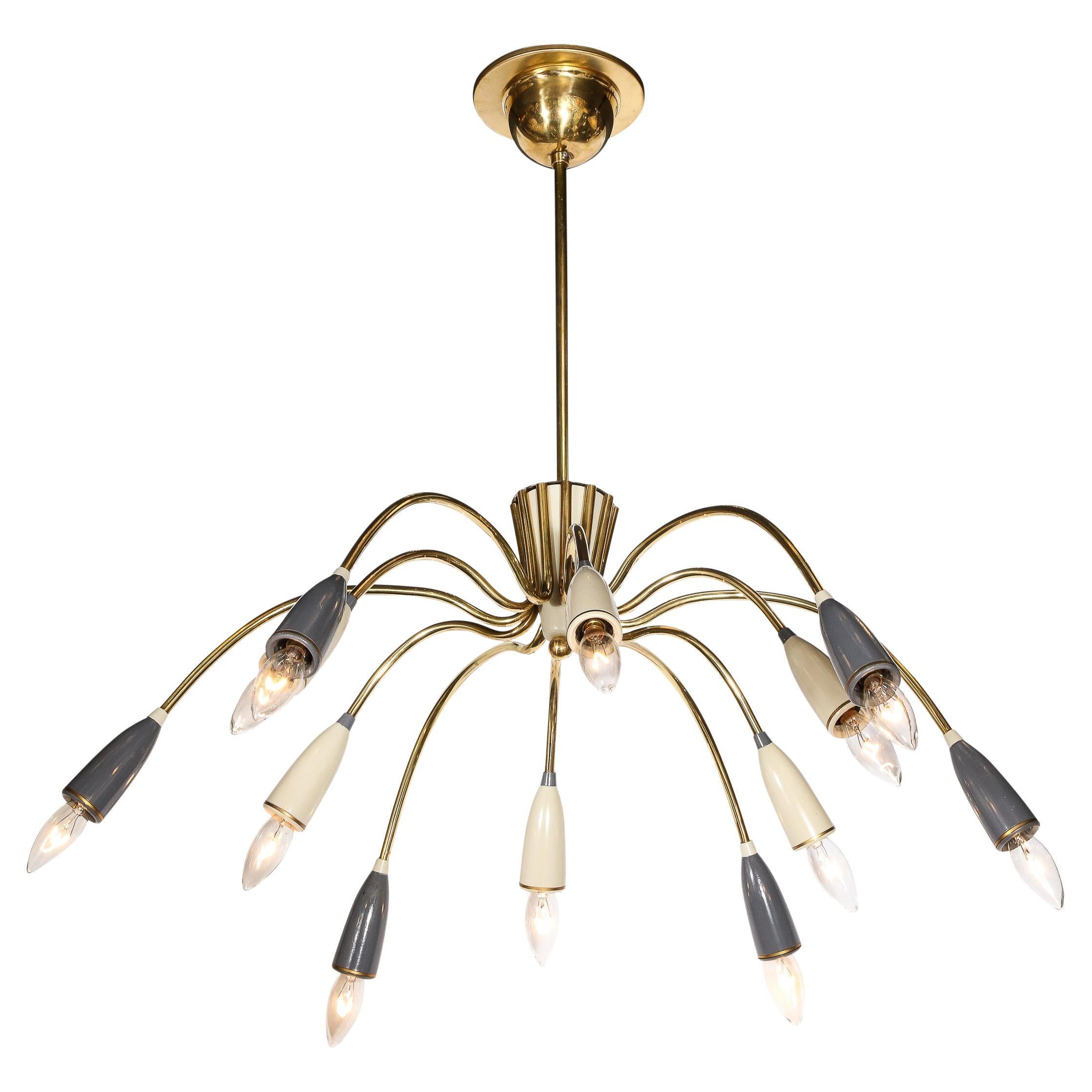 Mid-Century Modernist Twelve Arm Brass and Enamel Chandelier by Stilnovo