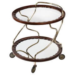 Mid-Century Modernist Two-Tier Walnut, Polished Brass & Glass Serving Cart