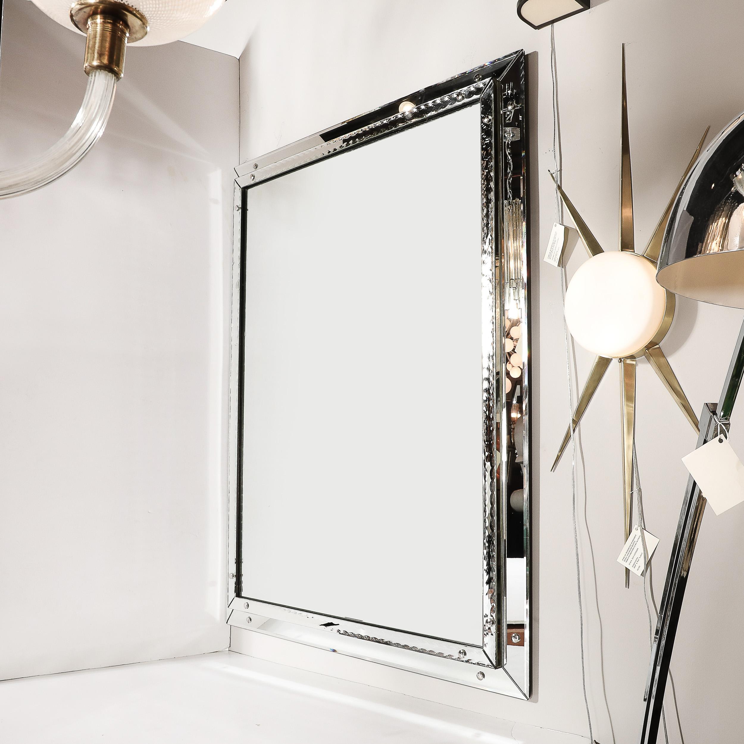 Italian Mid-Century Modernist Venetian Glass Mirror W/Raised Scalloped Border & Beveled For Sale