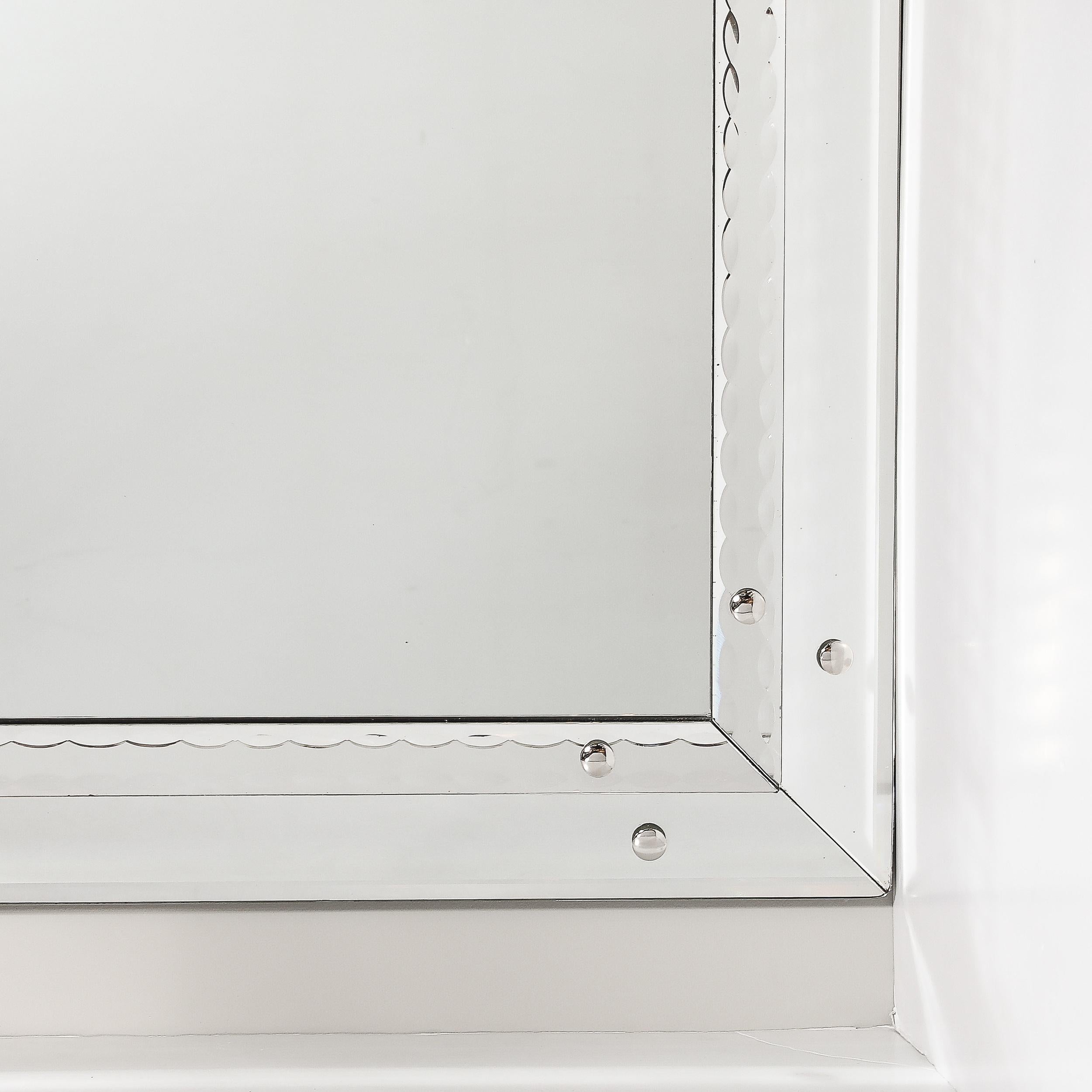 Mid-Century Modernist Venetian Glass Mirror W/Raised Scalloped Border & Beveled In Good Condition For Sale In New York, NY