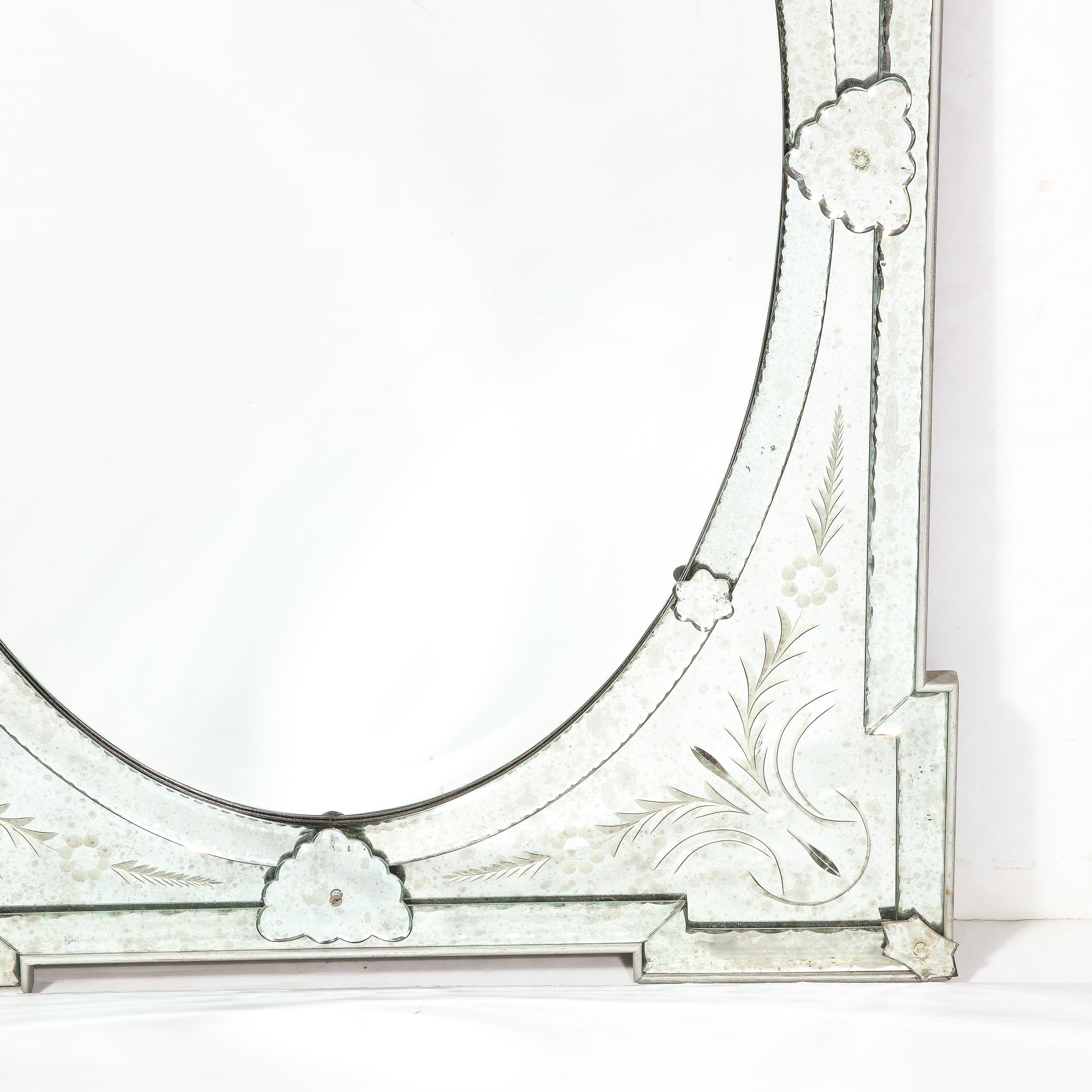 Italian Mid-Century Modernist Venetian Glass Mirror w/ Reversed Etched & Beveled Details