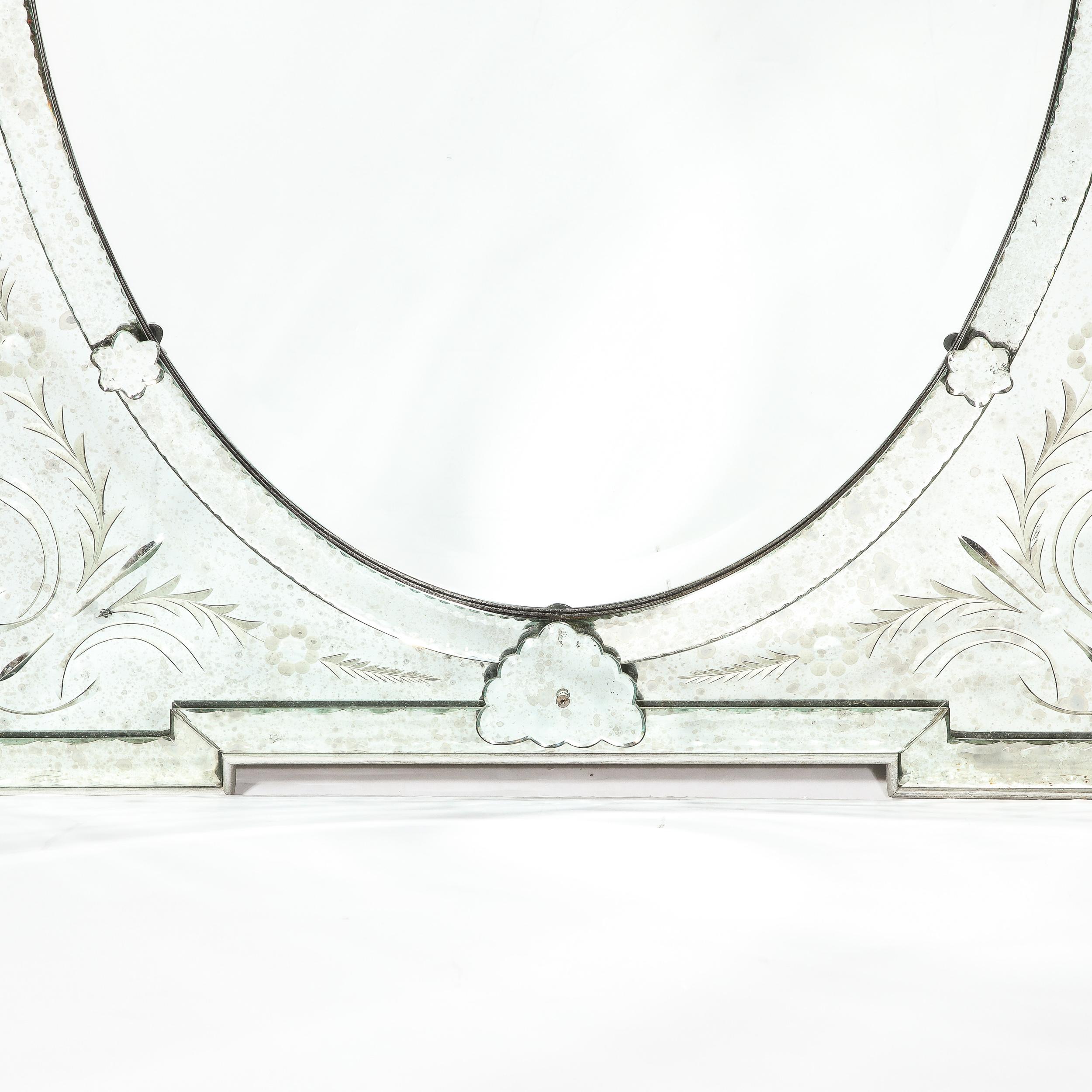 Mid-Century Modernist Venetian Glass Mirror w/ Reversed Etched & Beveled Details In Excellent Condition In New York, NY