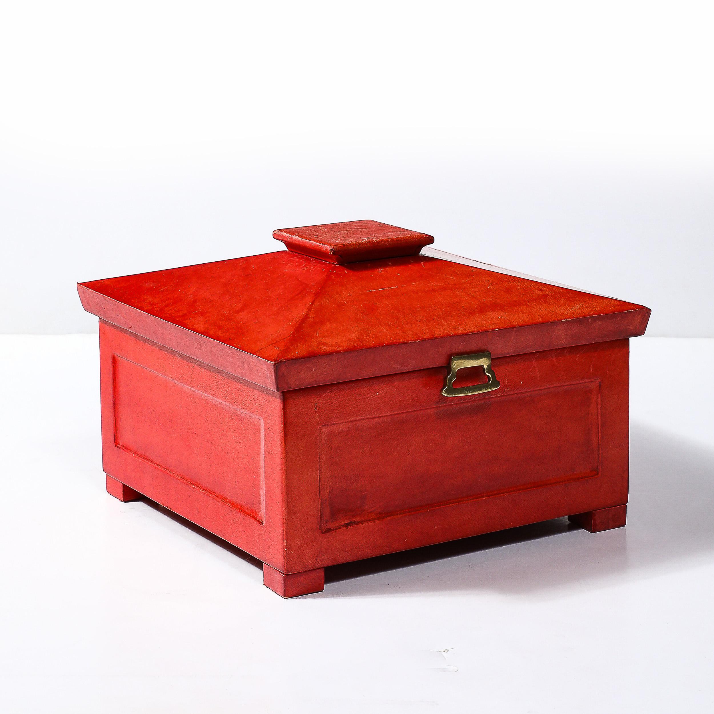 Caja modernista de mediados de siglo de piel de cabra lacada en rojo bermellón de Karl Springer Piel de cabra en venta