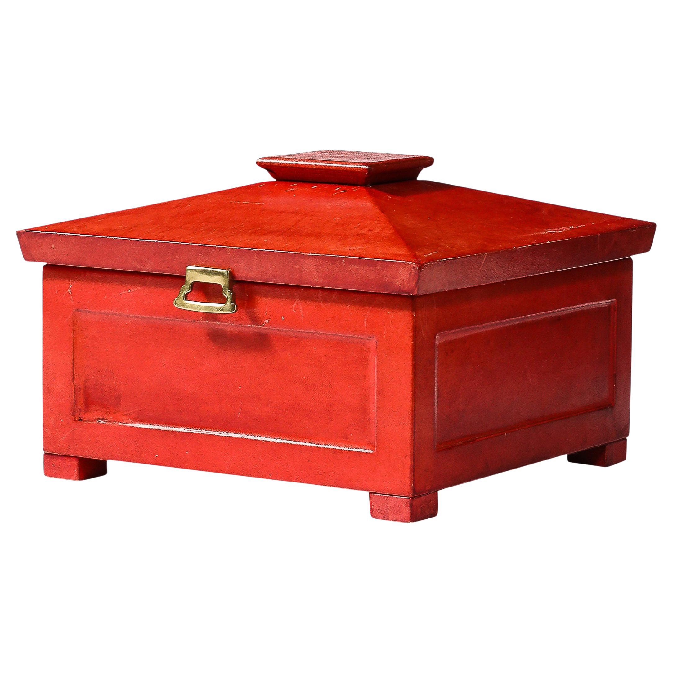 Caja modernista de mediados de siglo de piel de cabra lacada en rojo bermellón de Karl Springer en venta