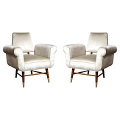 Mid-Century Modernist Walnut and Upholstered Arm Chairs W/ Brass Sabots