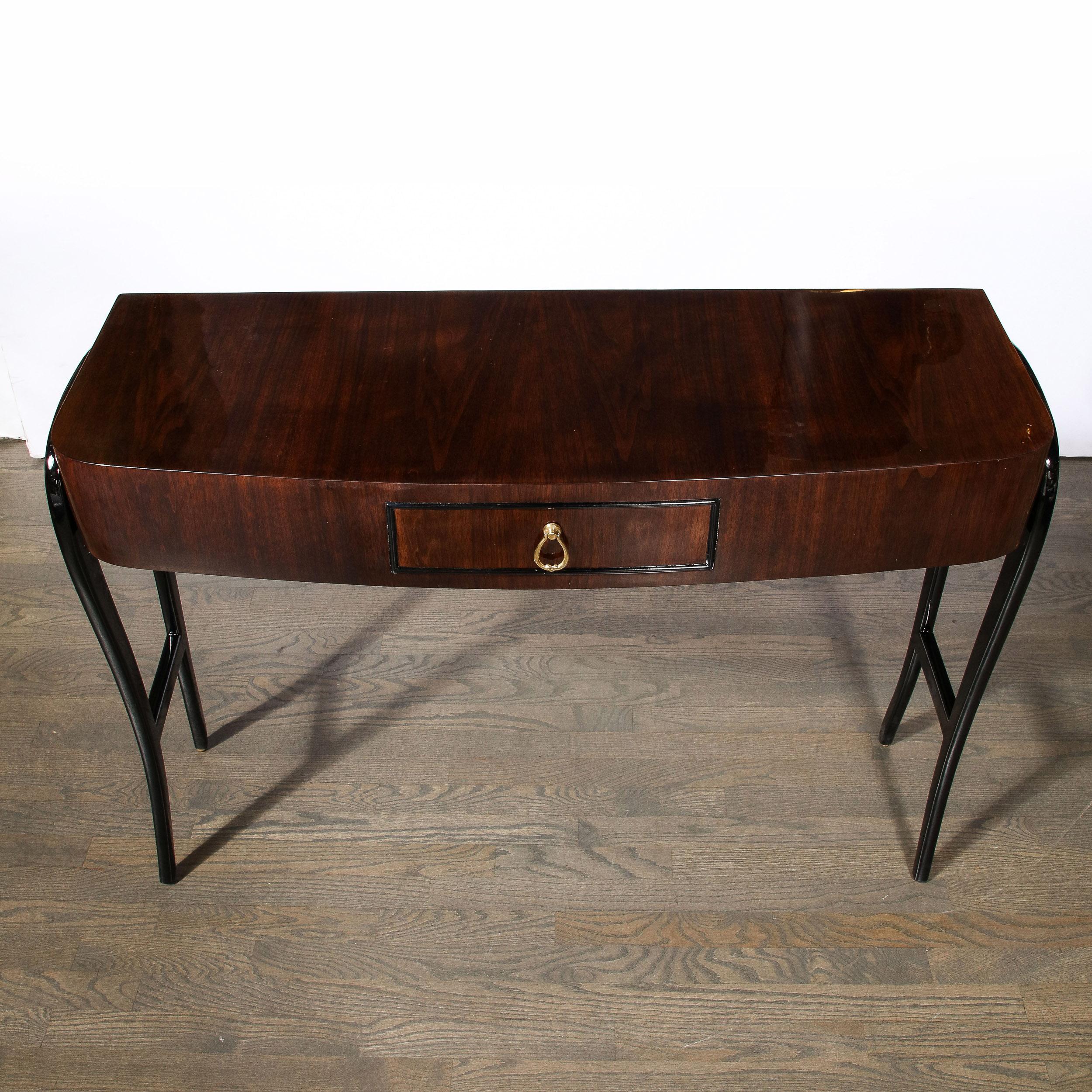 Mid-Century Modernist Walnut & Sculptural Black Lacquer Support Console Table 9