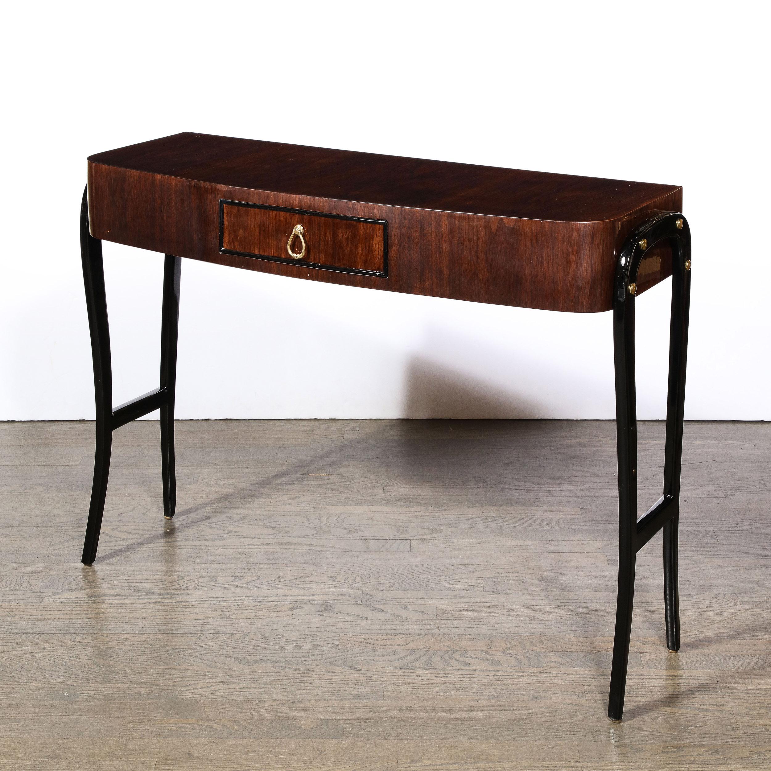 Italian Mid-Century Modernist Walnut & Sculptural Black Lacquer Support Console Table