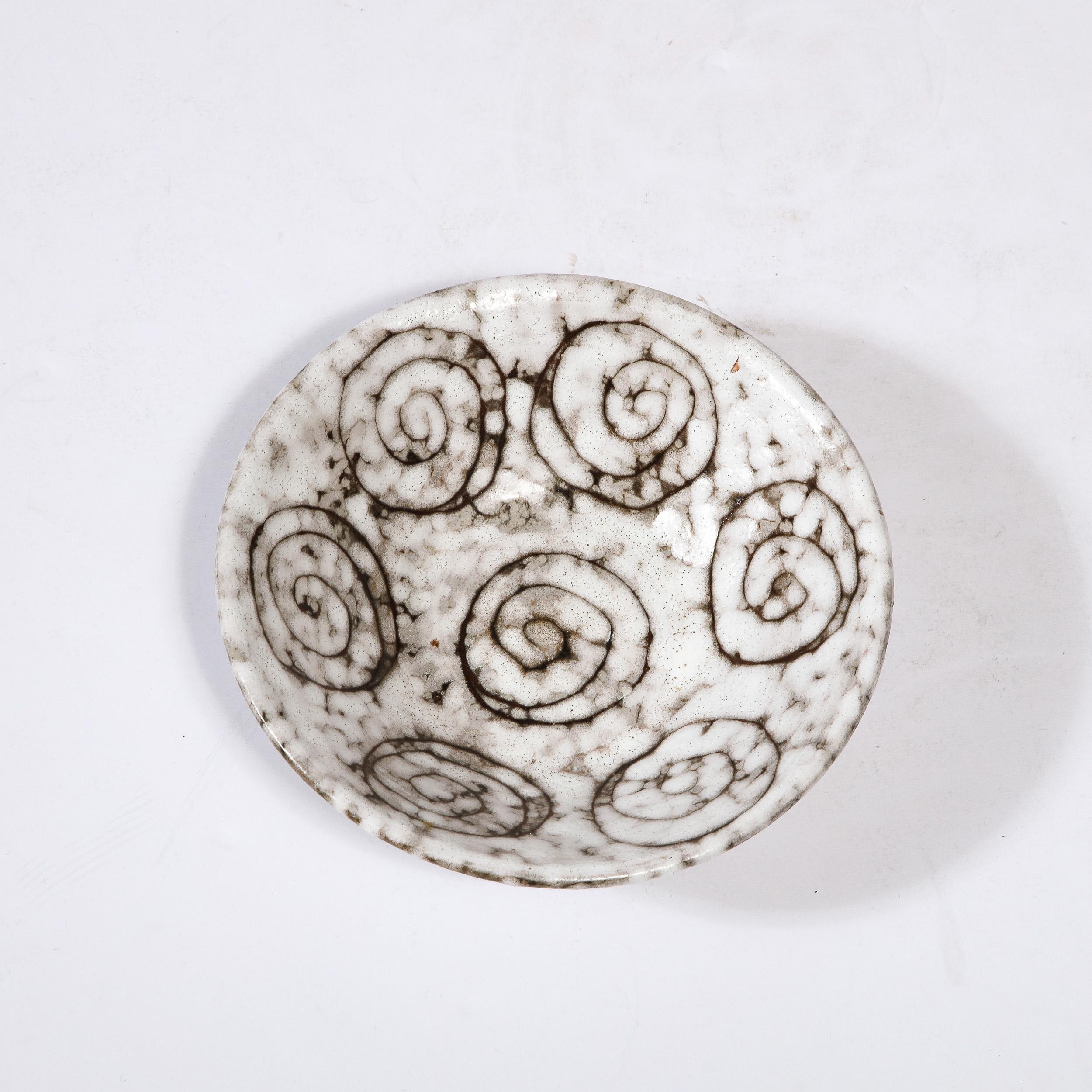 Mid-Century Modernist White and Earth Toned Ceramic Dish W/ Seven Spirals 4