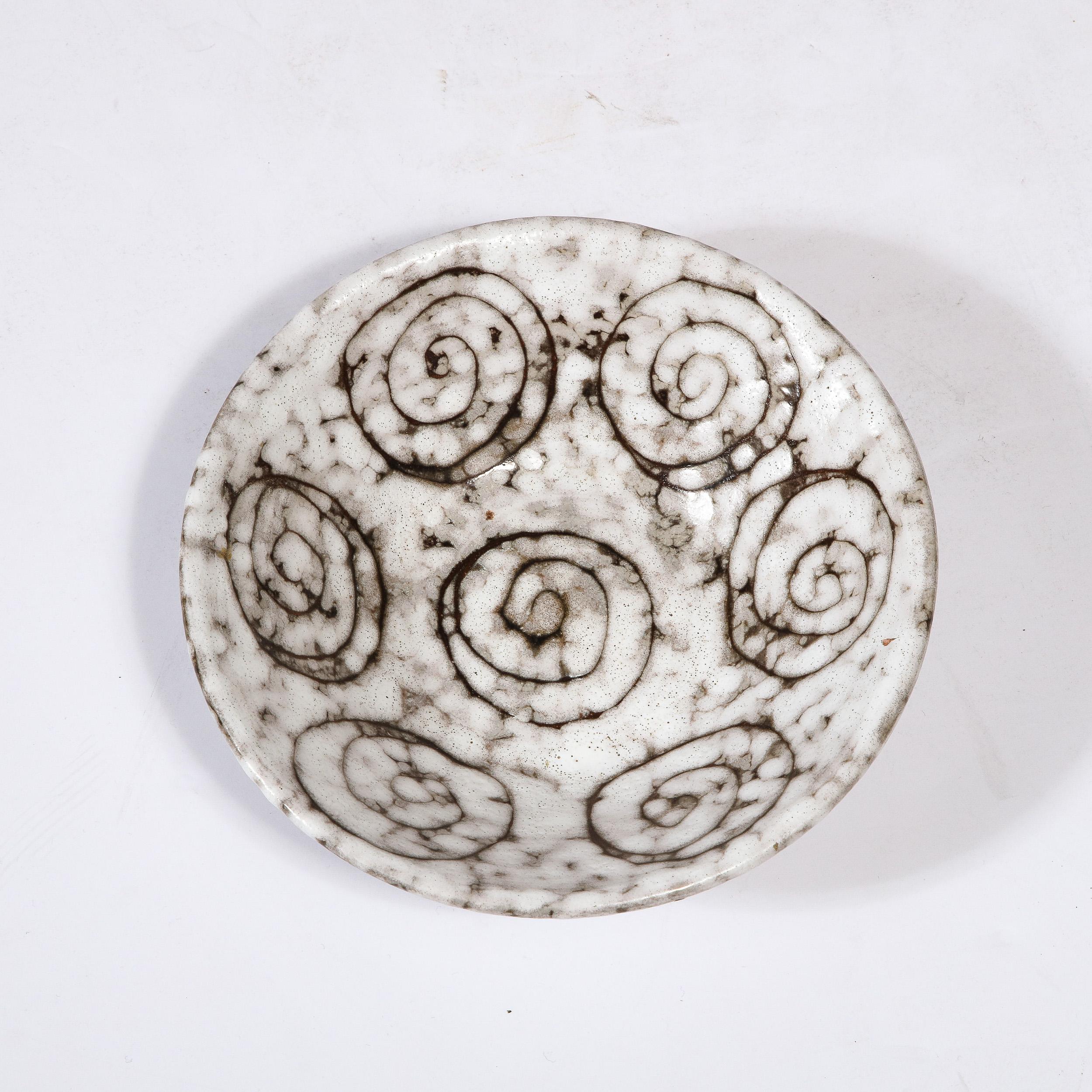 Mid-Century Modernist White and Earth Toned Ceramic Dish W/ Seven Spirals 6