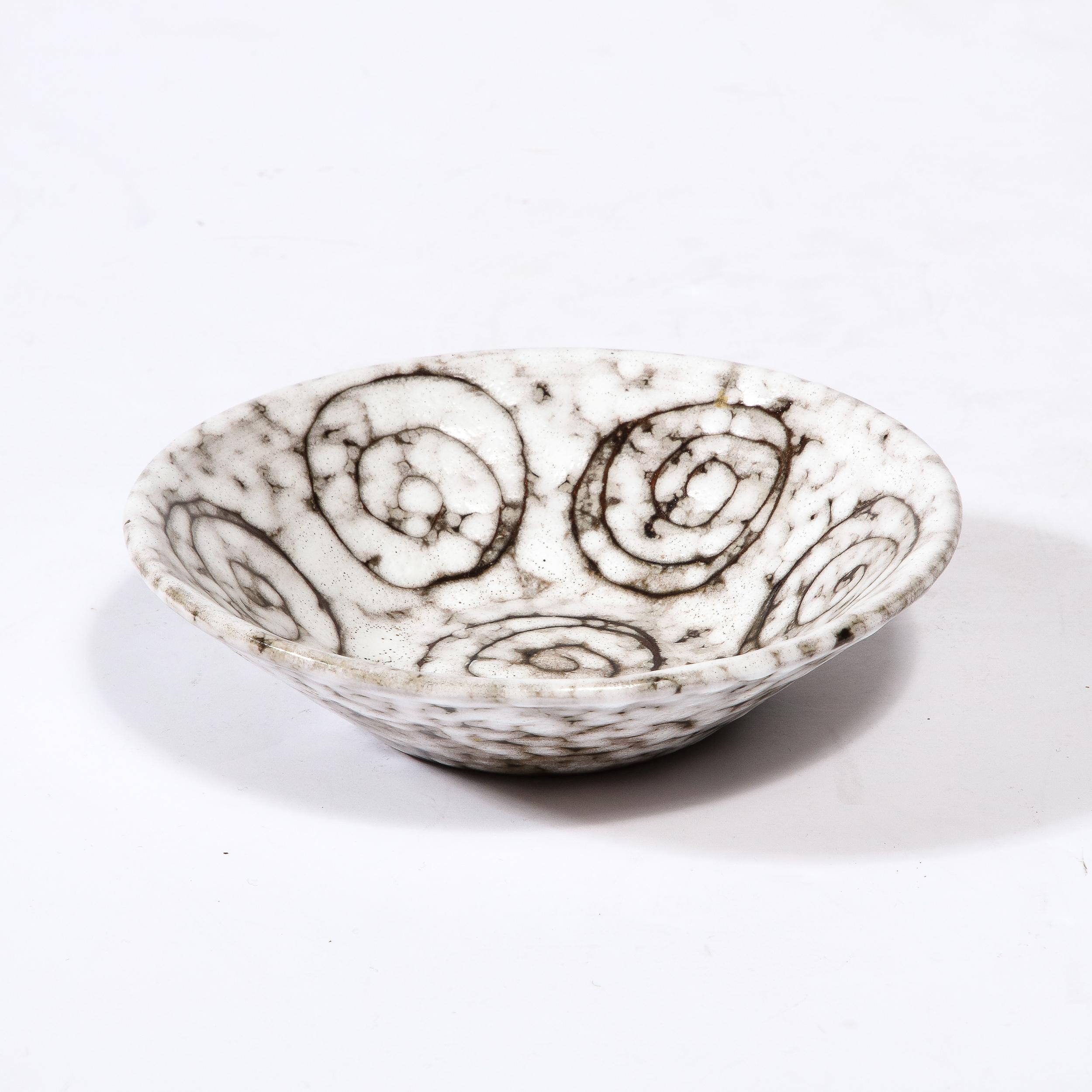 Glazed Mid-Century Modernist White and Earth Toned Ceramic Dish W/ Seven Spirals