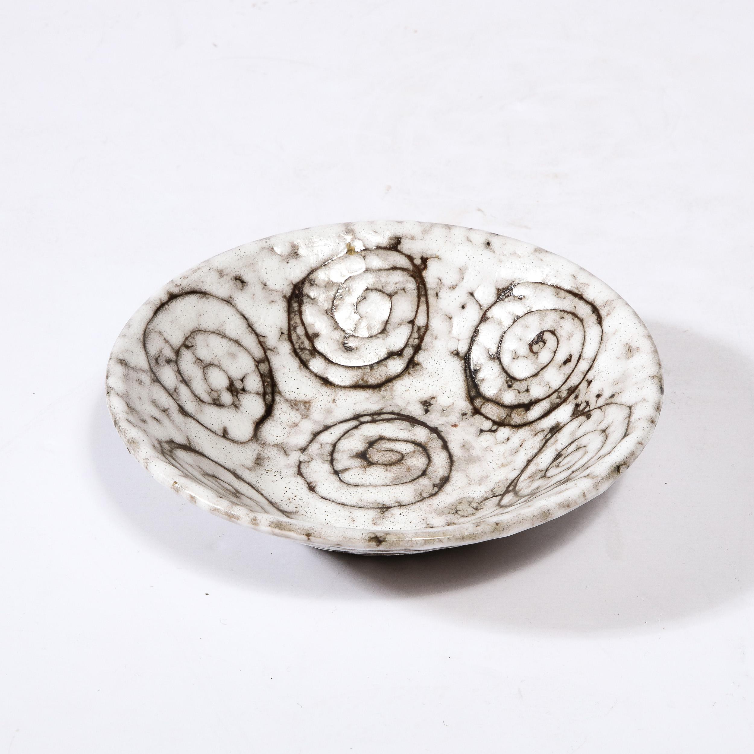 Mid-Century Modernist White and Earth Toned Ceramic Dish W/ Seven Spirals In Excellent Condition In New York, NY