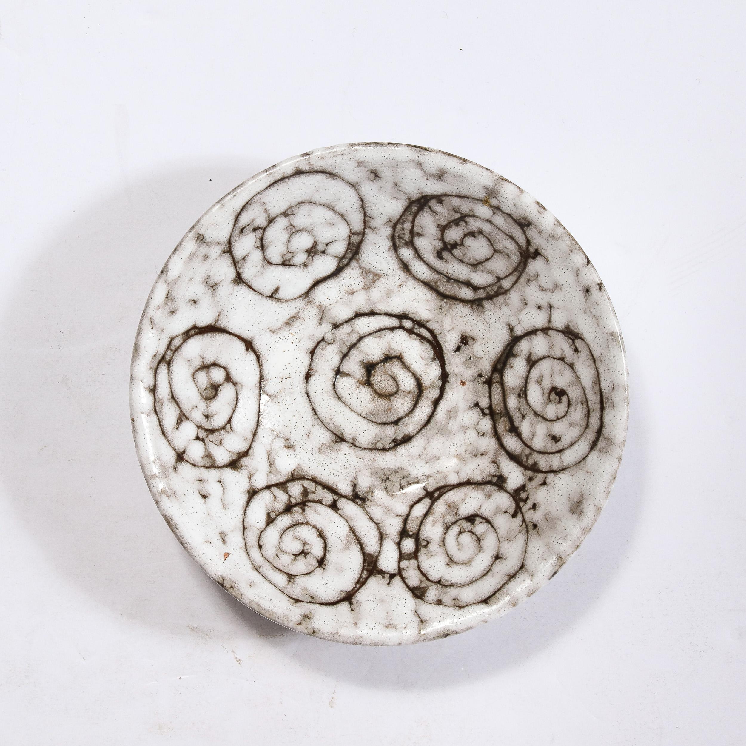 Mid-Century Modernist White and Earth Toned Ceramic Dish W/ Seven Spirals 3