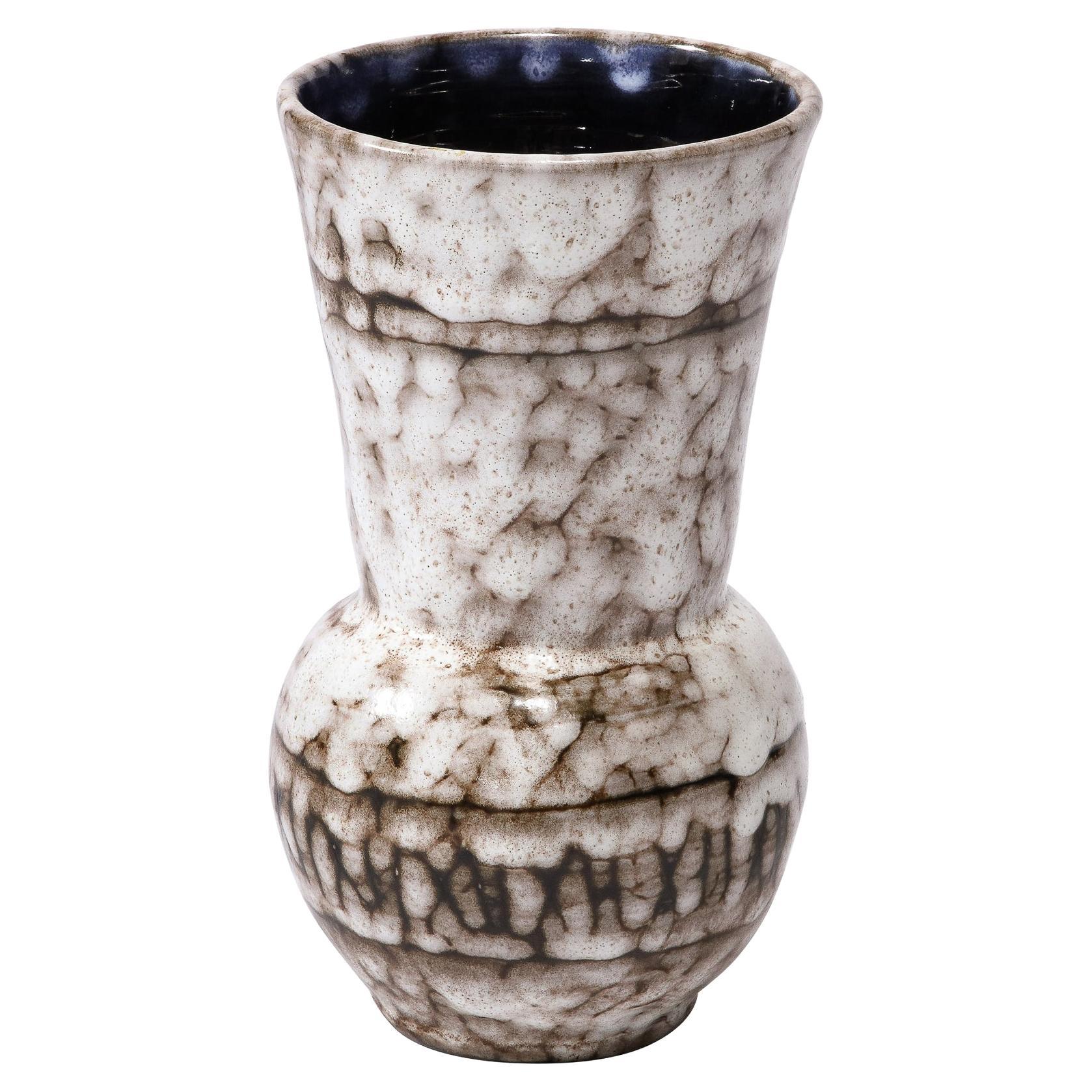 Midcentury Modernist White and Earth Toned Ceramic Urn Vase with Rune Motif