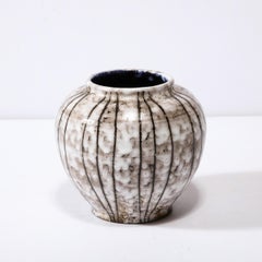 Mid-Century Modernist White and Earth Toned Ceramic Vase W/ Bowed Line Work