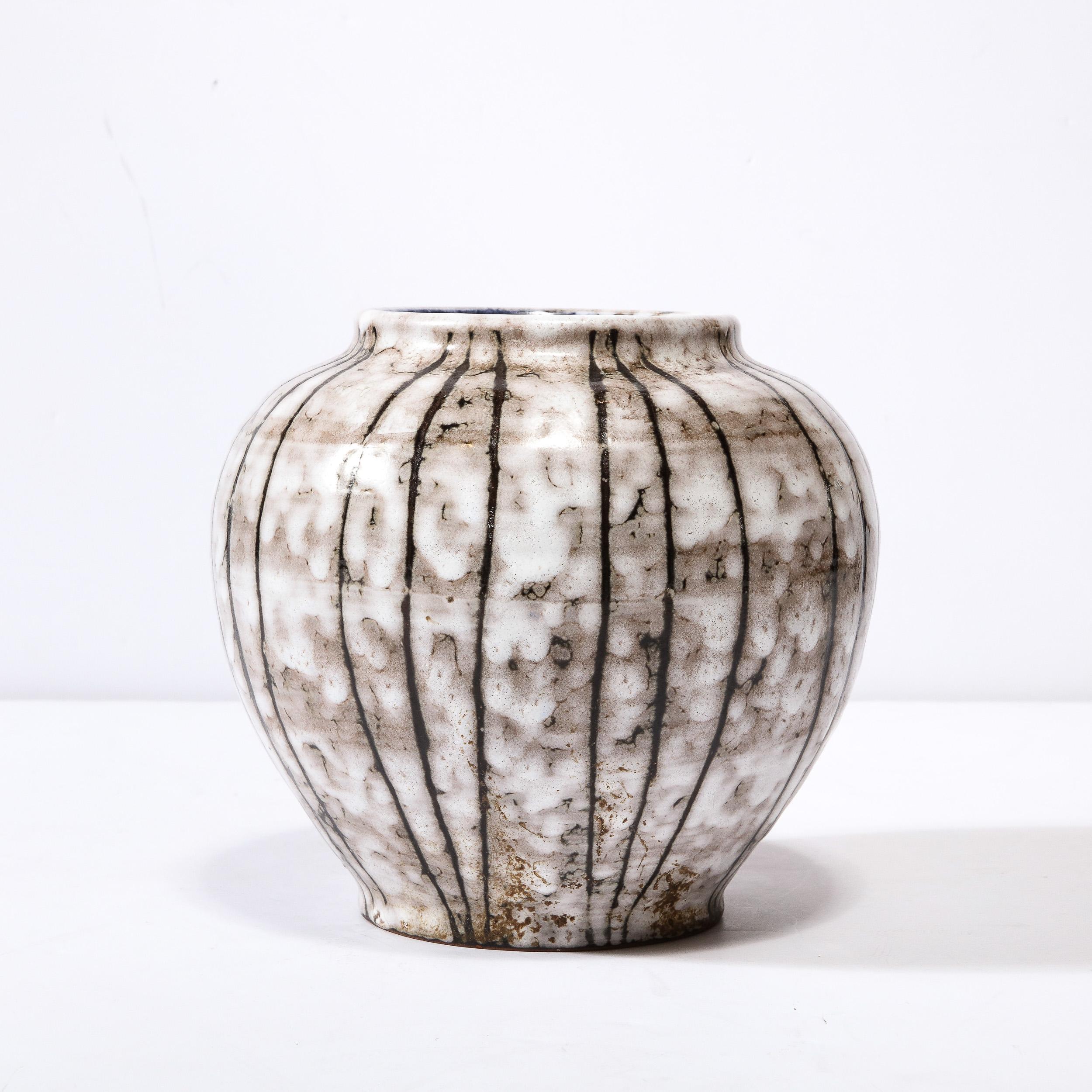 Hungarian Mid-Century Modernist White and Earth Toned Ceramic Vase W/ Bowed Line Work For Sale