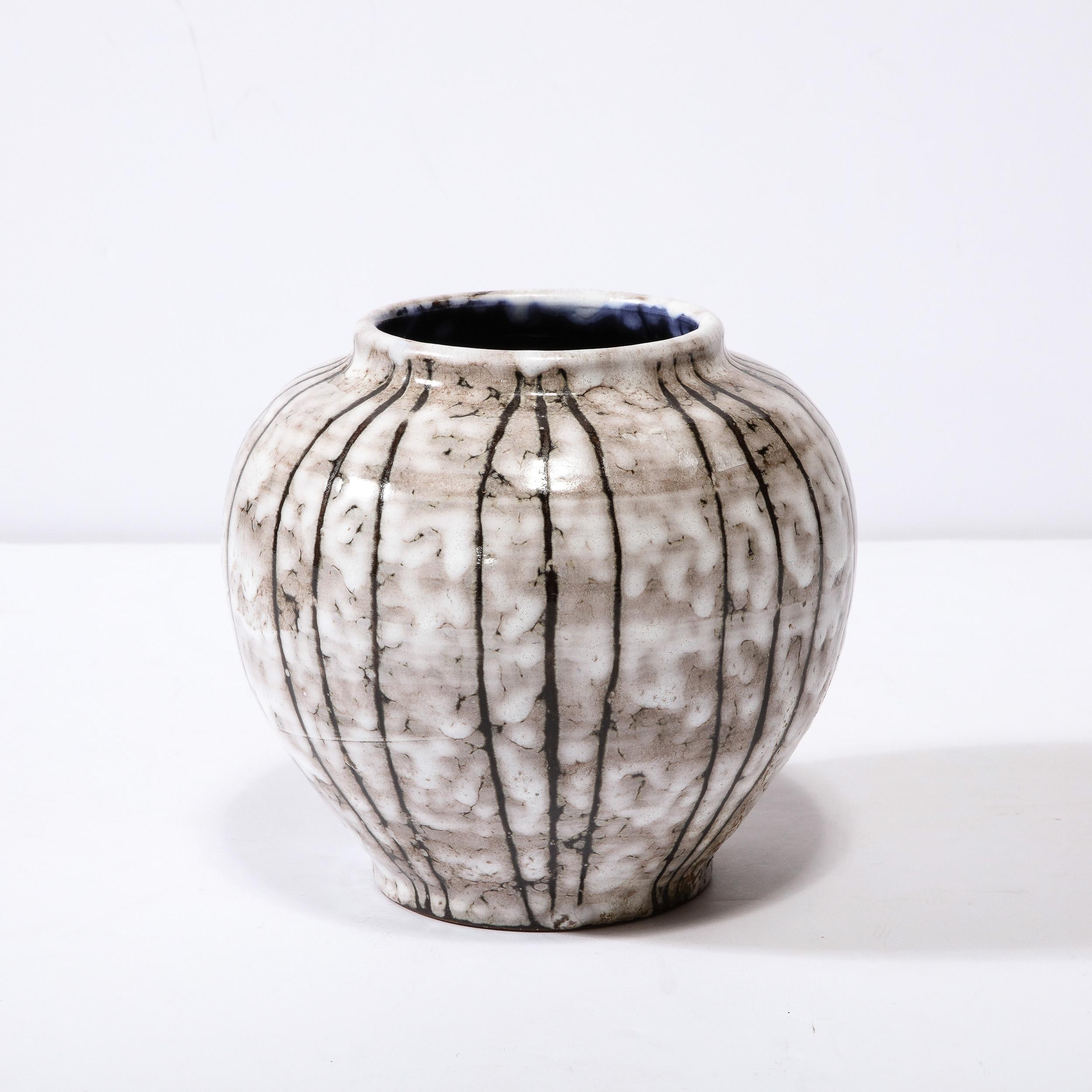 Glazed Mid-Century Modernist White and Earth Toned Ceramic Vase W/ Bowed Line Work For Sale