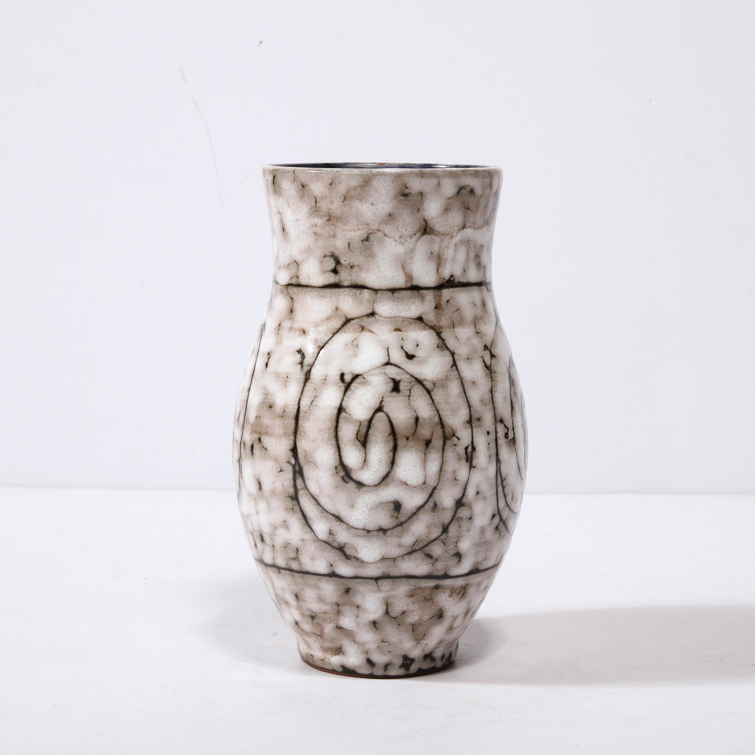 Hungarian Mid-Century Modernist White and Earth Toned Ceramic Vase W/ Coiled Motif For Sale