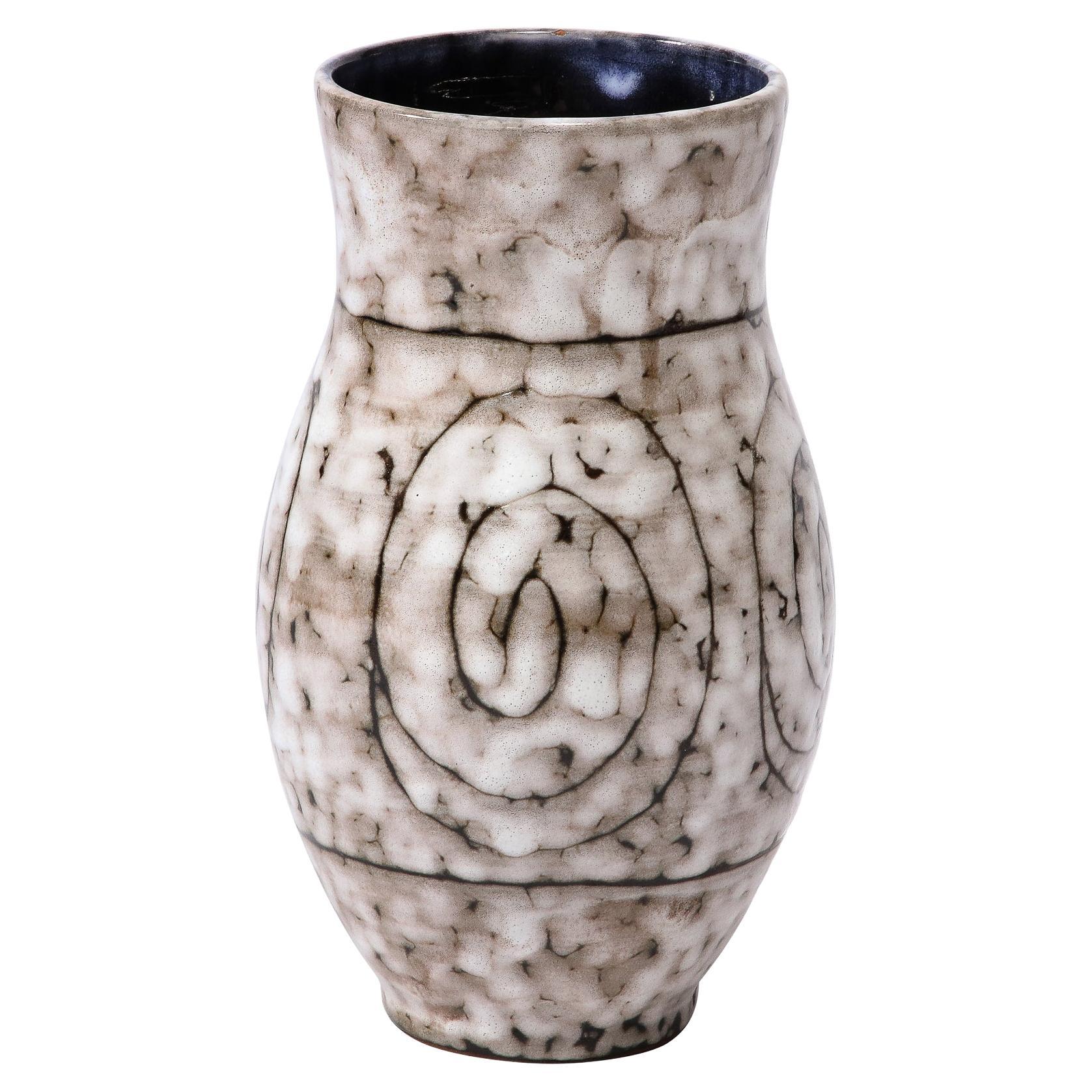 Mid-Century Modernist White and Earth Toned Ceramic Vase W/ Coiled Motif For Sale