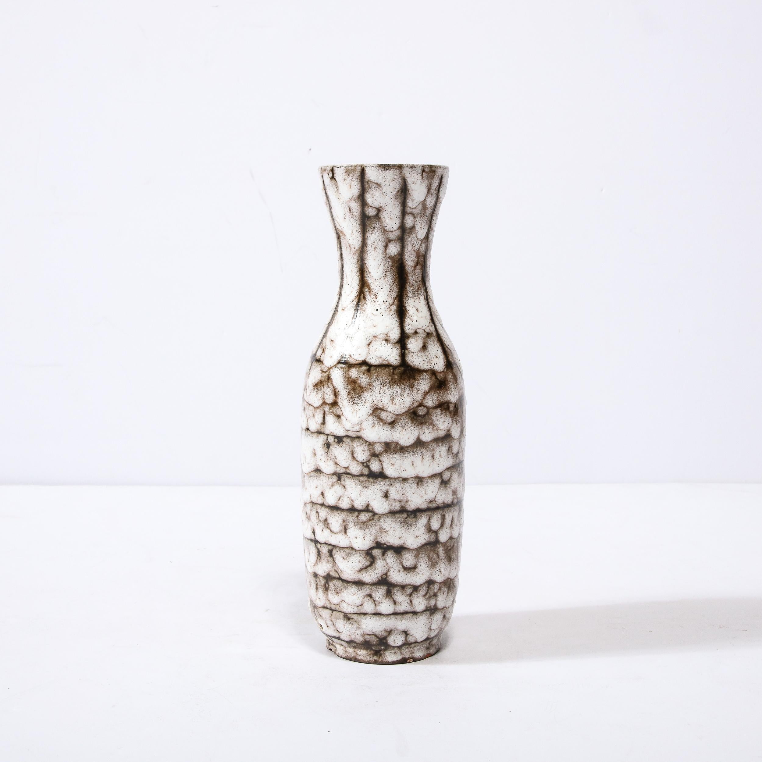 Glazed Mid-Century Modernist White and Earth Toned Ceramic Vase with Banded Detailing For Sale