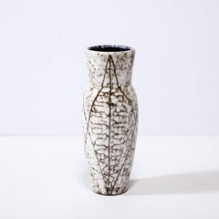 Mid-Century Modernist White and Earth Toned Ceramic Vase with Leaf Motif