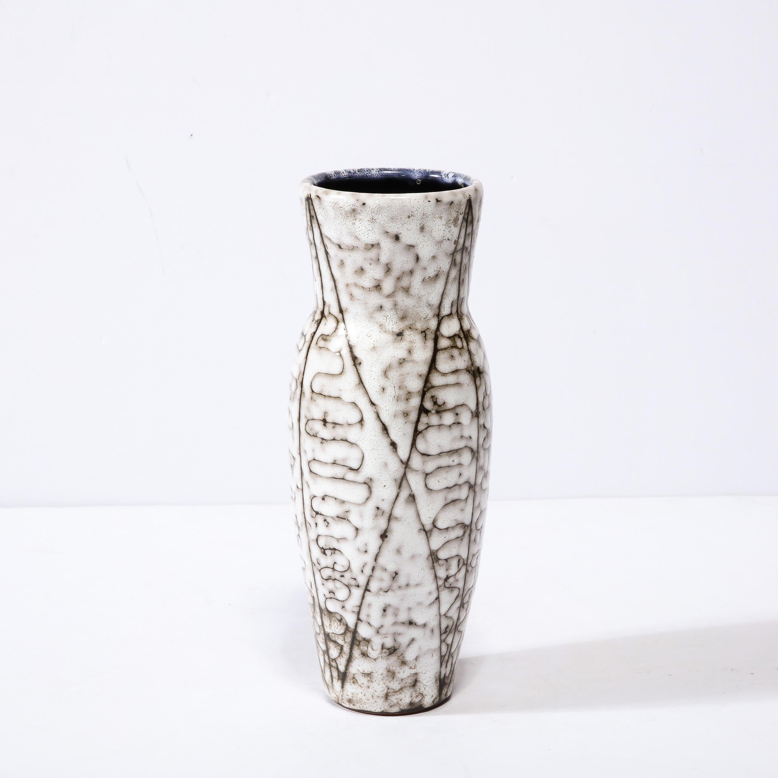Glazed Mid-Century Modernist White and Earth Toned Ceramic Vase with Leaf Motif For Sale