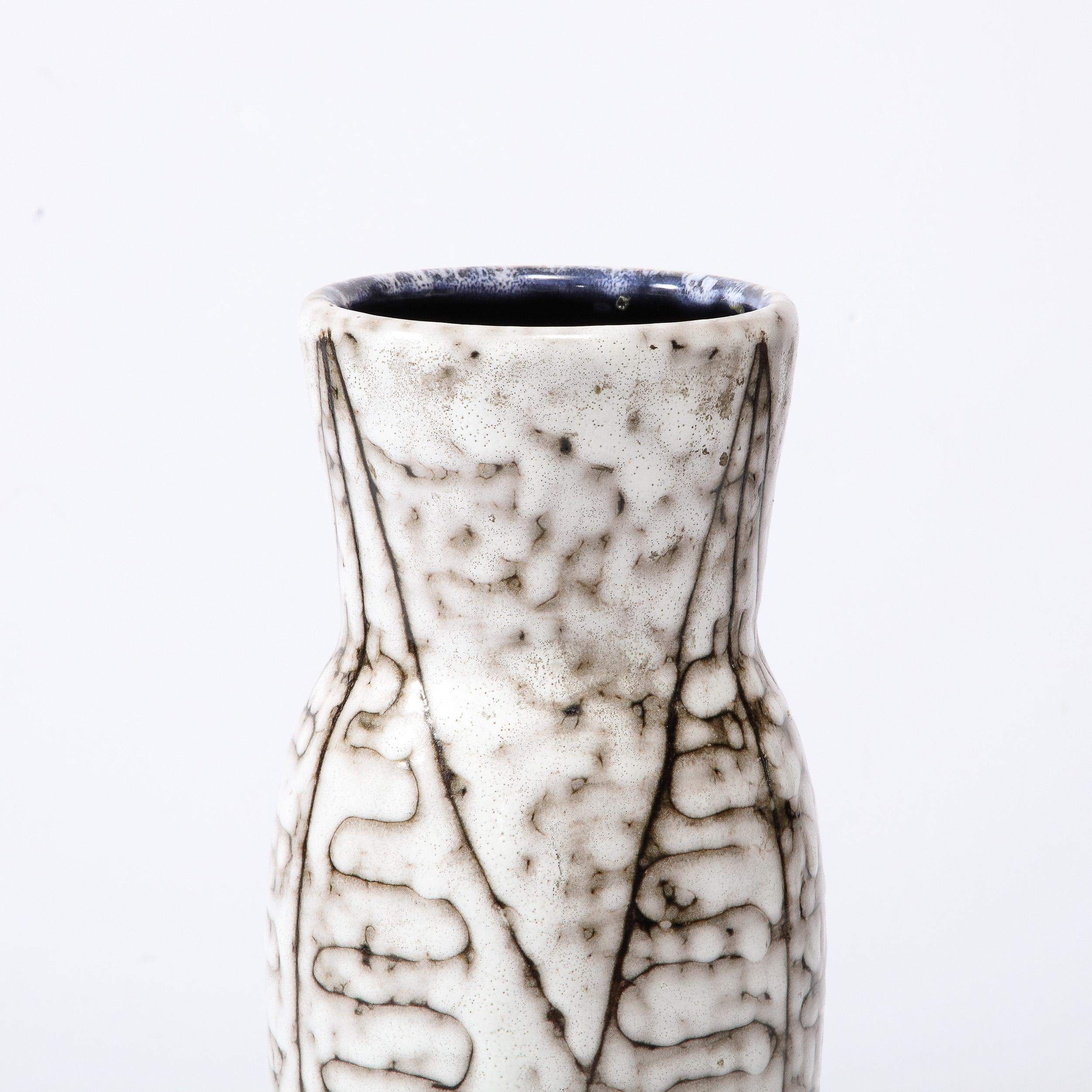 Mid-20th Century Mid-Century Modernist White and Earth Toned Ceramic Vase with Leaf Motif For Sale
