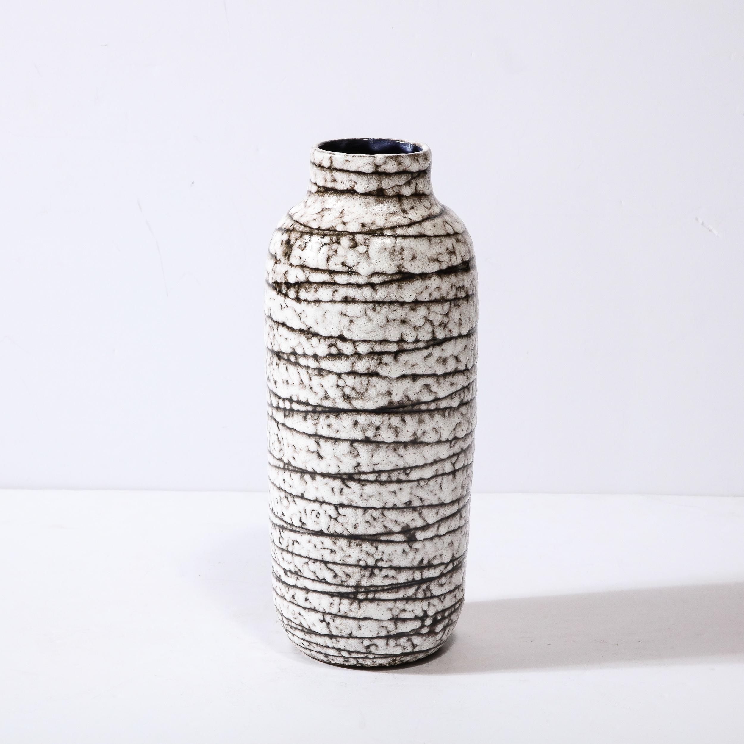 Mid-Century Modernist White and Earth Toned Horizontally Striated Ceramic Vase For Sale 4