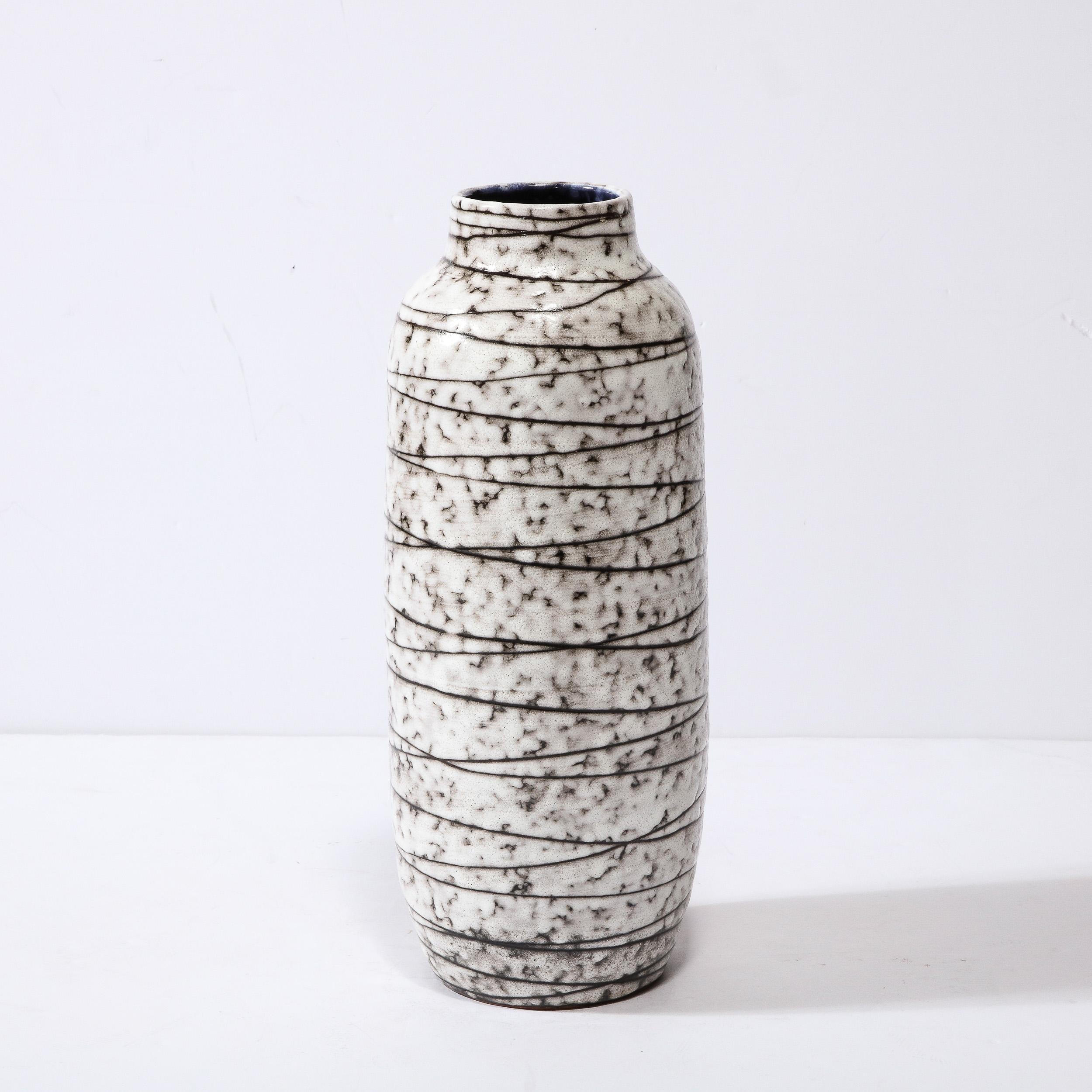 Mid-Century Modernist White and Earth Toned Horizontally Striated Ceramic Vase For Sale 4