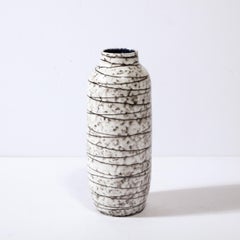 Mid-Century Modernist White and Earth Toned Horizontally Striated Ceramic Vase