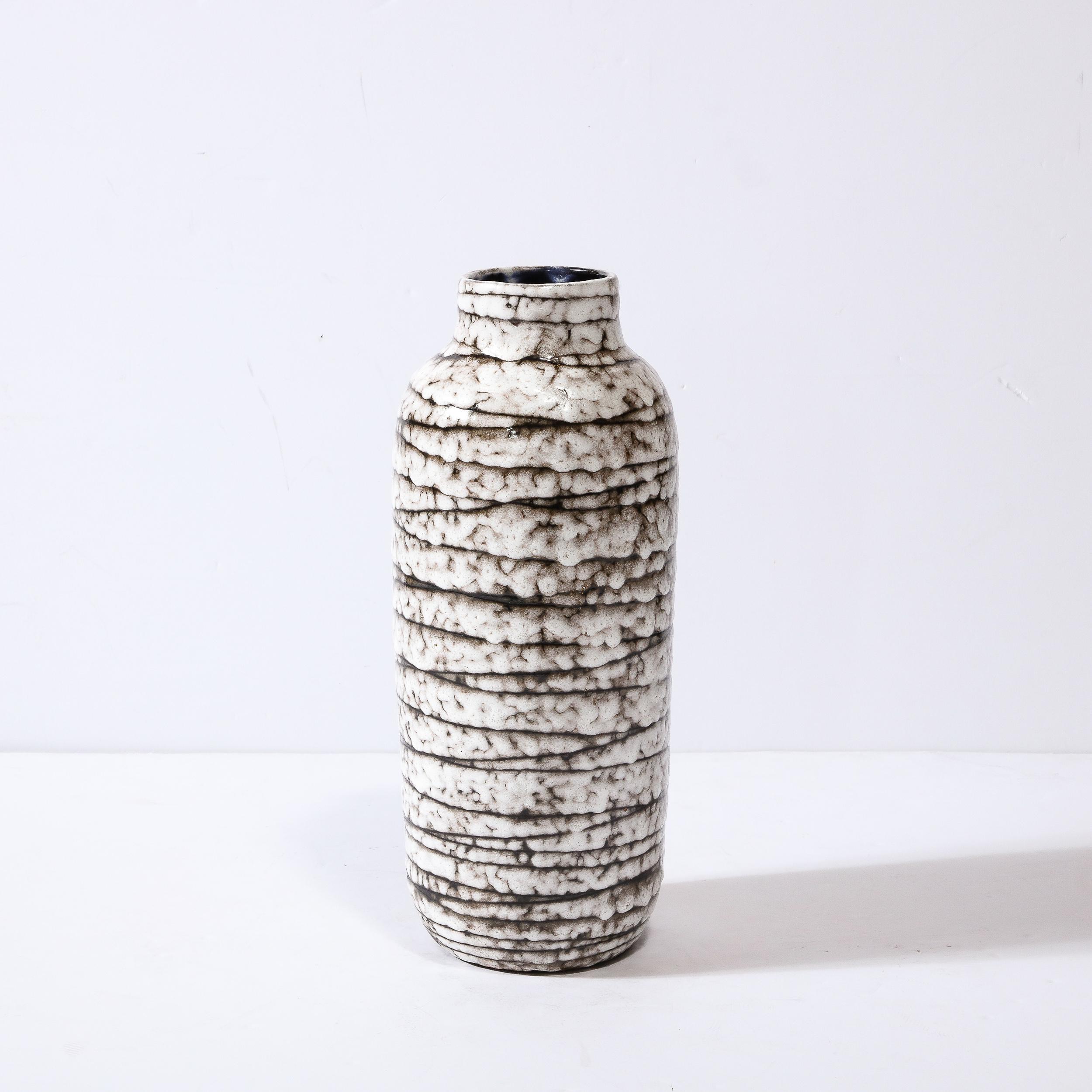 Hungarian Mid-Century Modernist White and Earth Toned Horizontally Striated Ceramic Vase For Sale