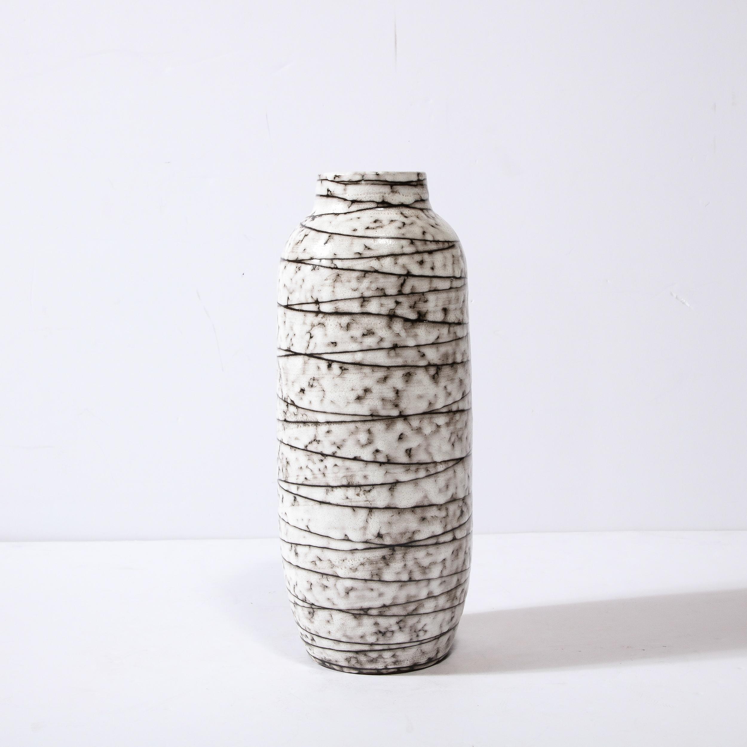 Hungarian Mid-Century Modernist White and Earth Toned Horizontally Striated Ceramic Vase For Sale