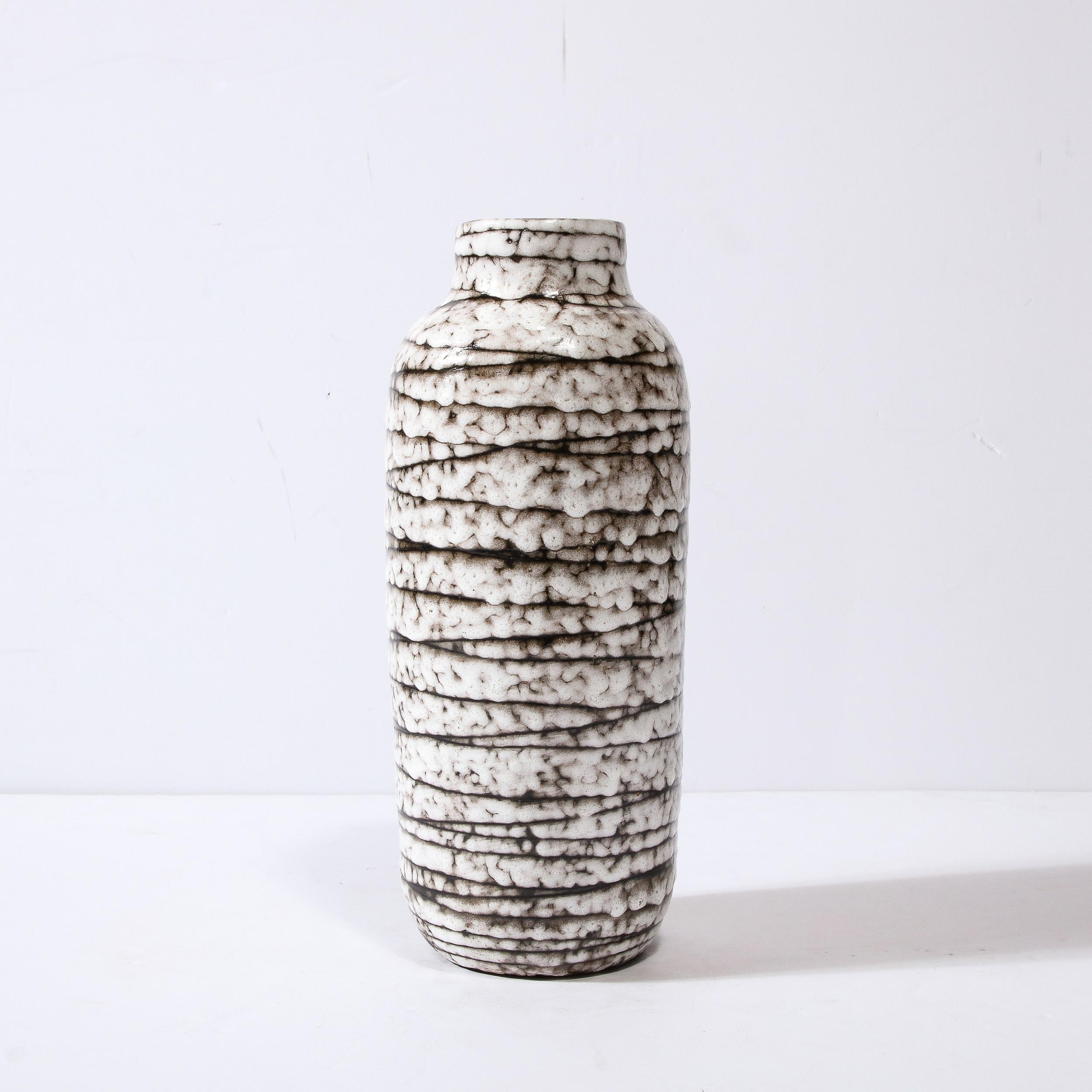 Glazed Mid-Century Modernist White and Earth Toned Horizontally Striated Ceramic Vase For Sale