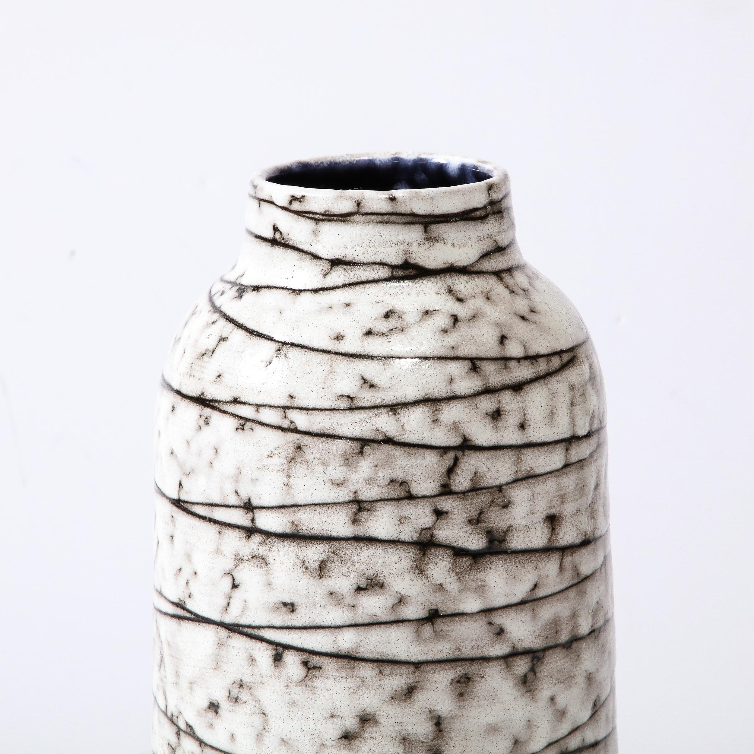 Glazed Mid-Century Modernist White and Earth Toned Horizontally Striated Ceramic Vase For Sale