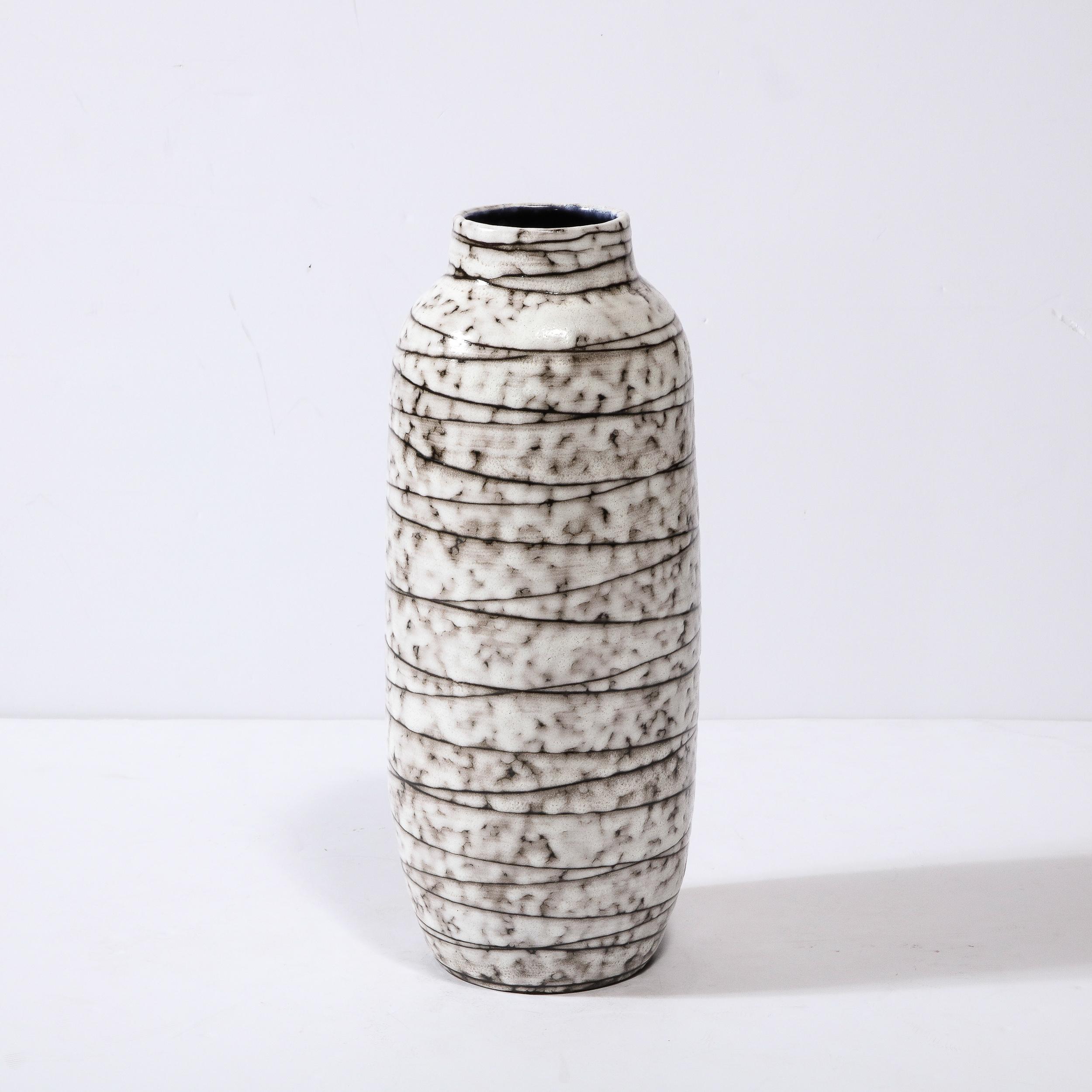 Mid-20th Century Mid-Century Modernist White and Earth Toned Horizontally Striated Ceramic Vase For Sale