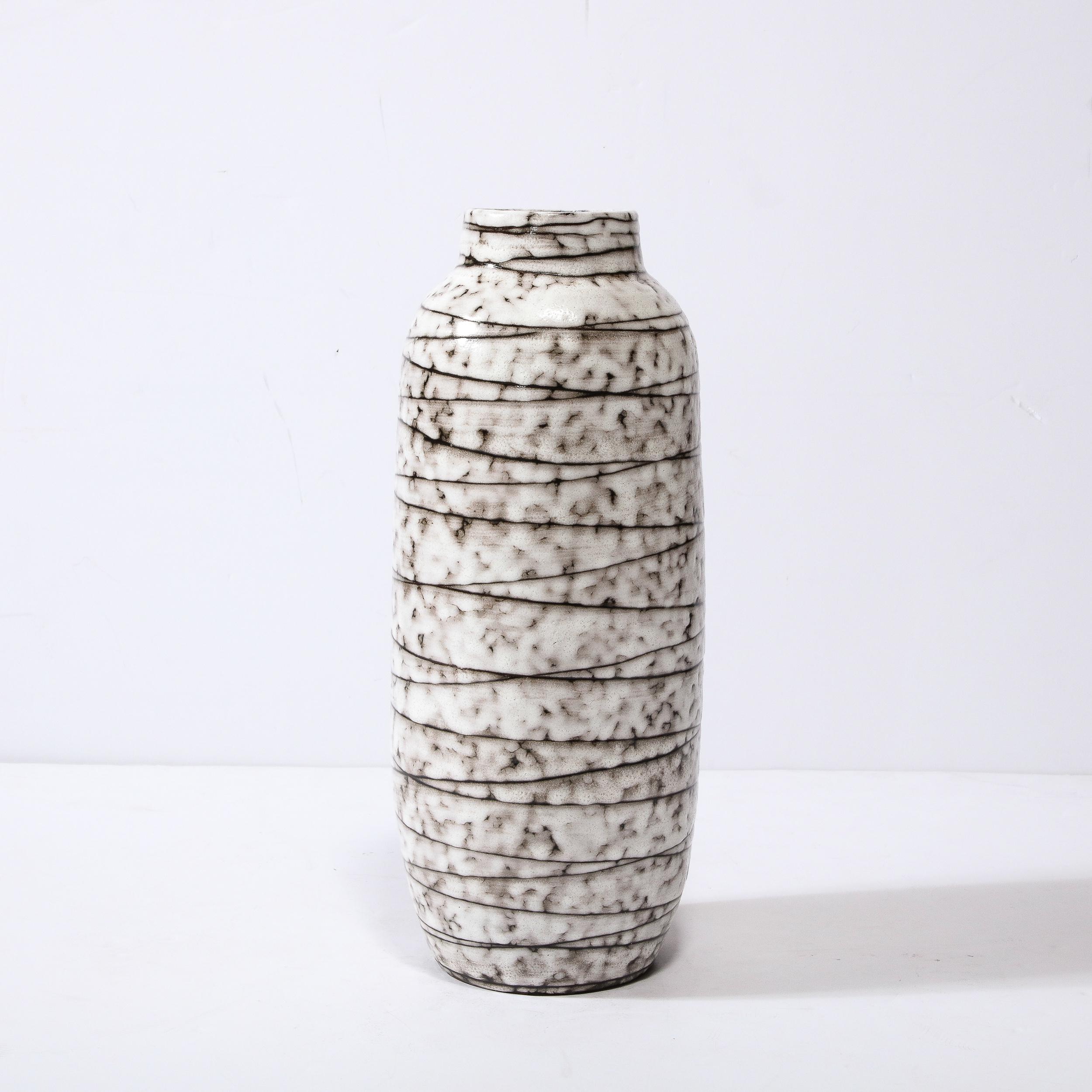 Mid-Century Modernist White and Earth Toned Horizontally Striated Ceramic Vase For Sale 1