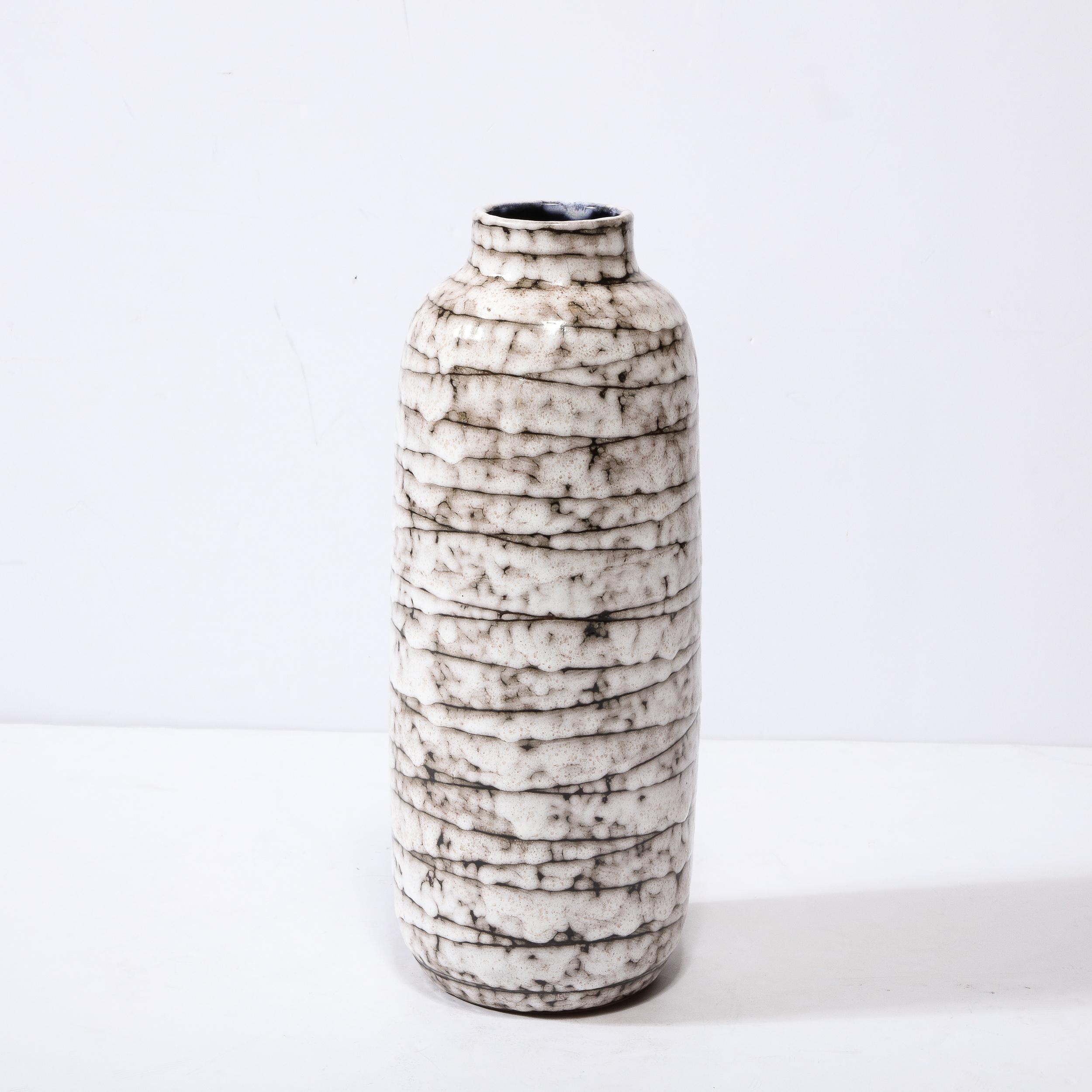 Mid-Century Modernist White and Earth Toned Horizontally Striated Ceramic Vase For Sale 1