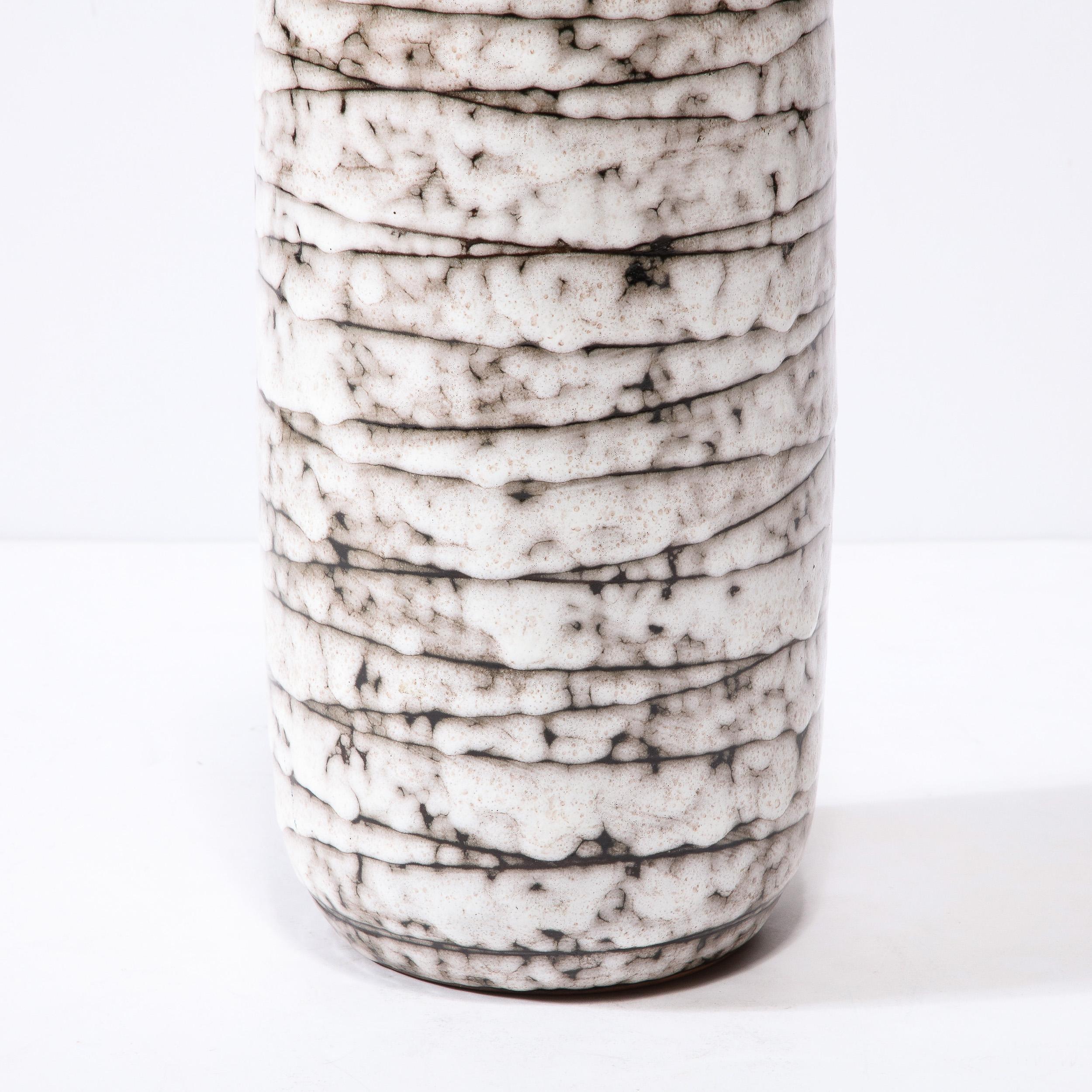 Mid-Century Modernist White and Earth Toned Horizontally Striated Ceramic Vase For Sale 2