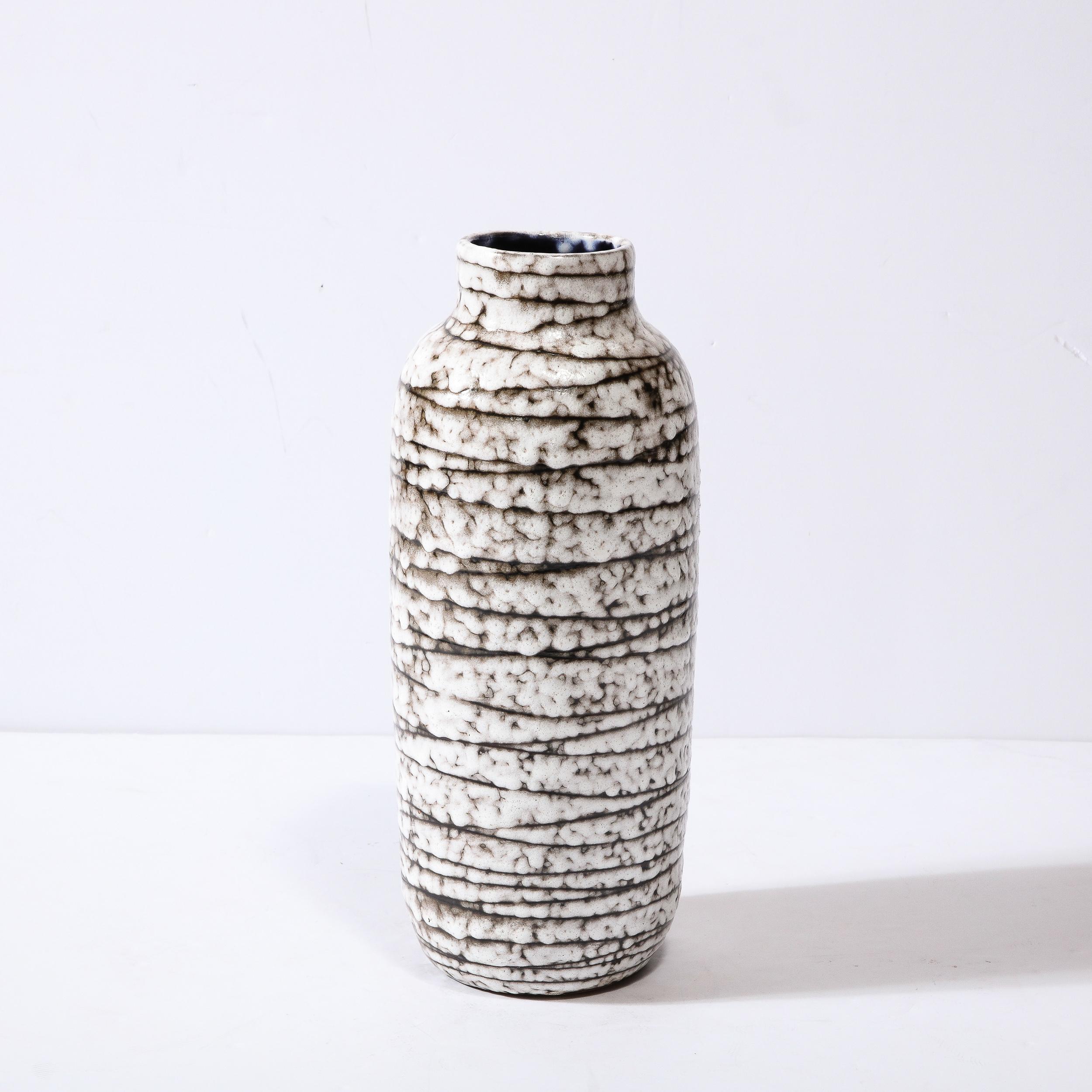 Mid-Century Modernist White and Earth Toned Horizontally Striated Ceramic Vase For Sale 3