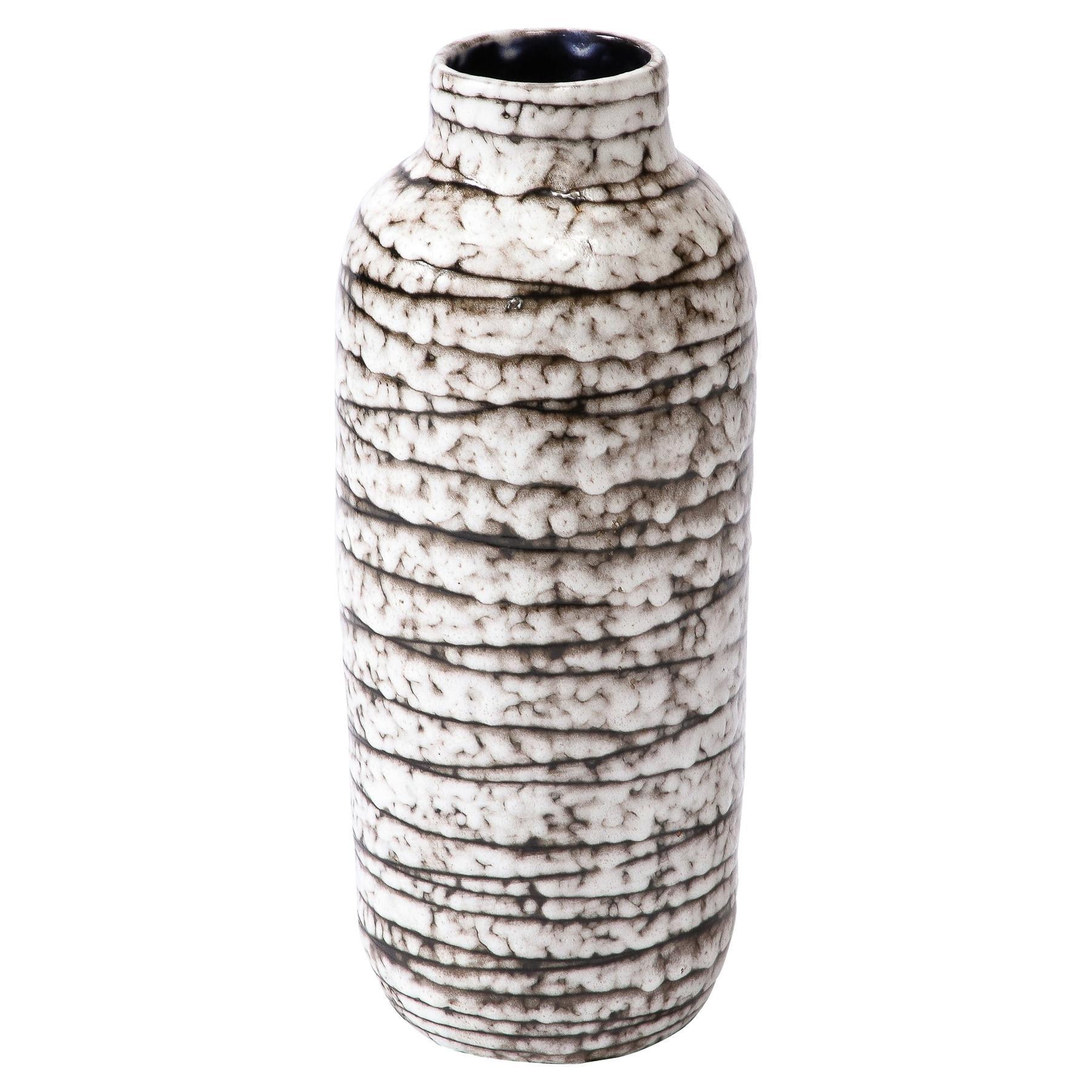 Mid-Century Modernist White and Earth Toned Horizontally Striated Ceramic Vase For Sale