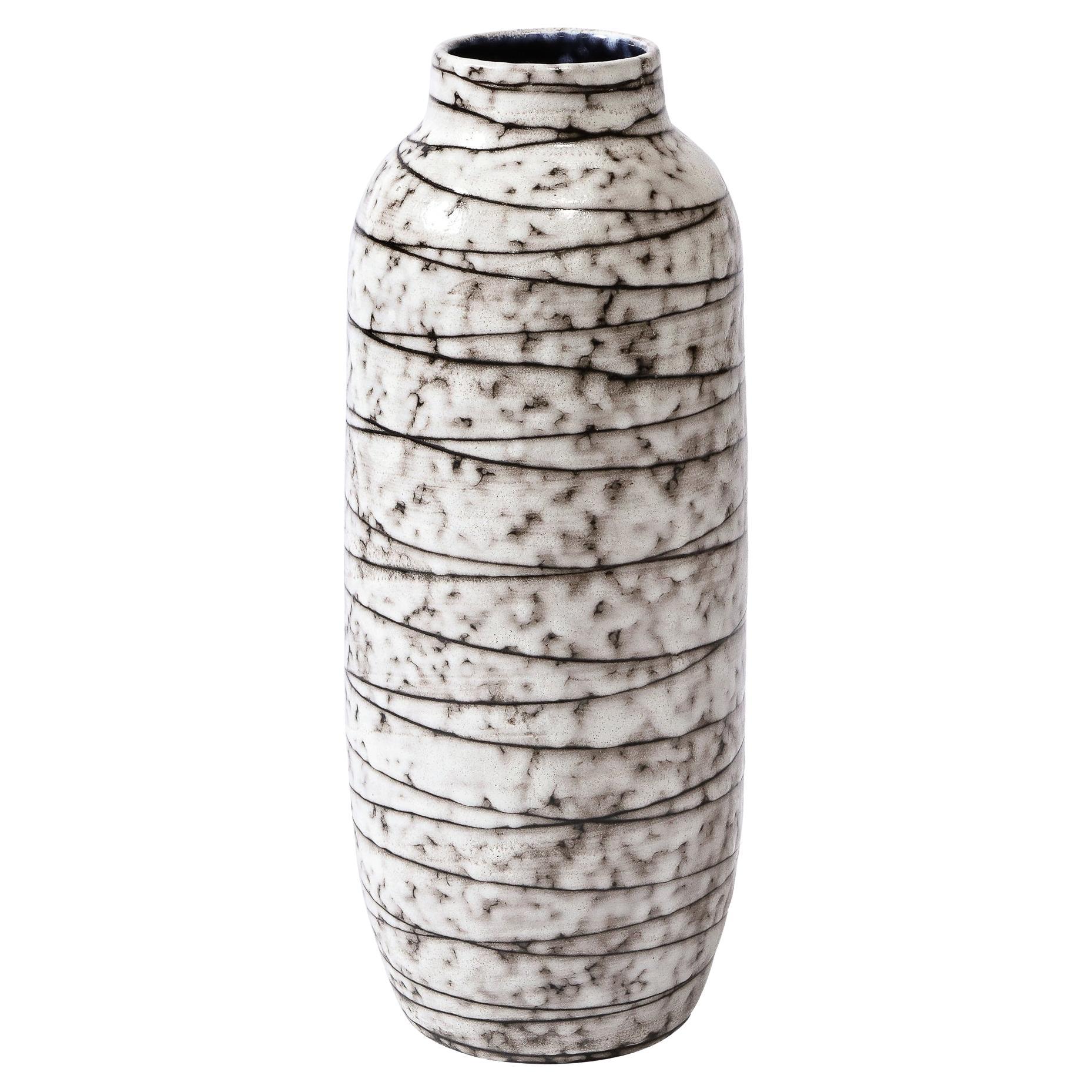 Mid-Century Modernist White and Earth Toned Horizontally Striated Ceramic Vase For Sale