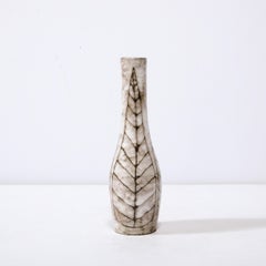 Mid-Century Modernist White and Earth Toned Tapered Ceramic Vase w/ Leaf Motif