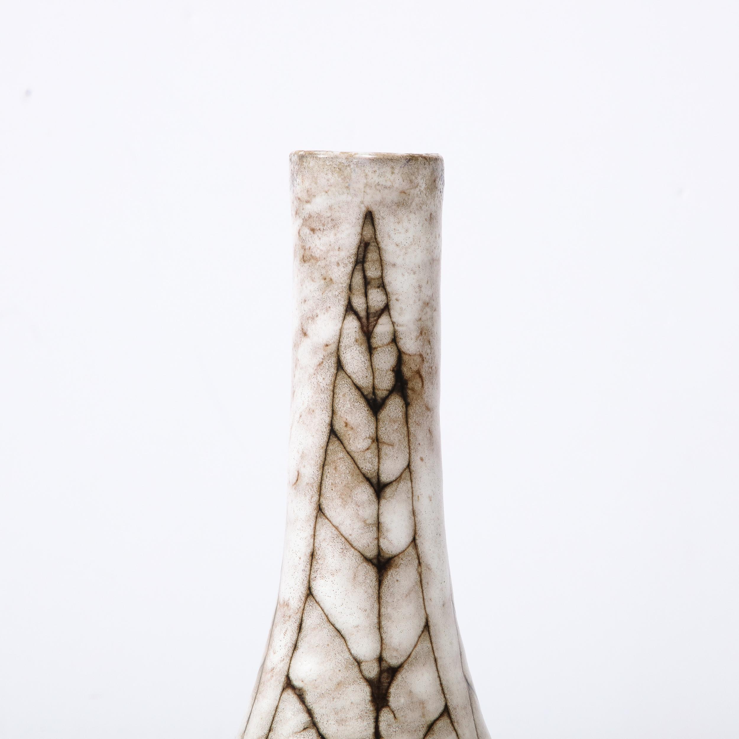 Glazed Mid-Century Modernist White and Earth Toned Tapered Ceramic Vase w/ Leaf Motif  For Sale