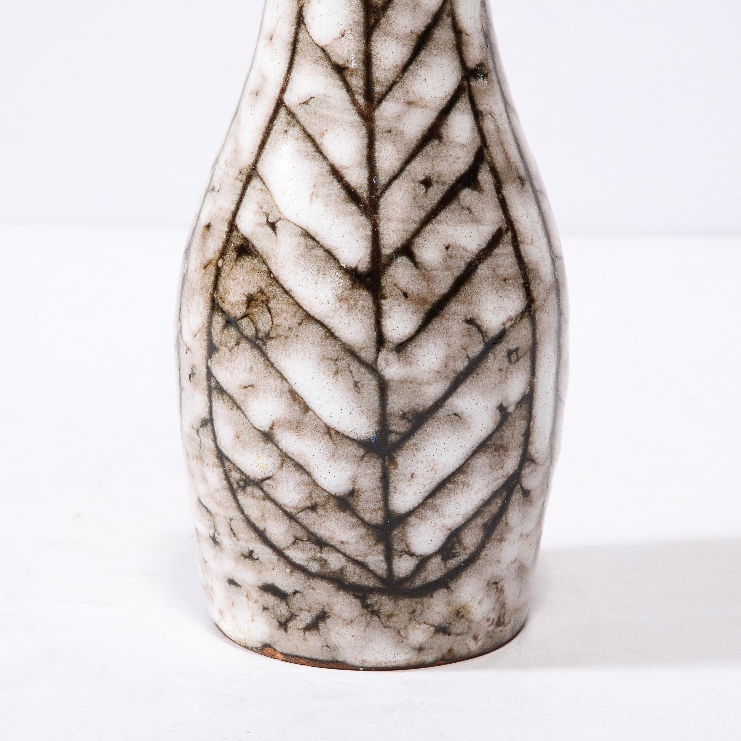 Glazed Mid-Century Modernist White and Earth Toned Tapered Ceramic Vase W/ Leaf Motif For Sale