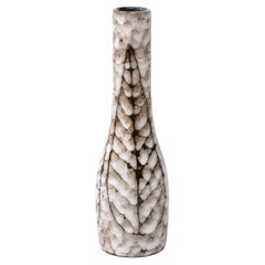 Mid-Century Modernist White and Earth Toned Tapered Ceramic Vase W/ Leaf Motif