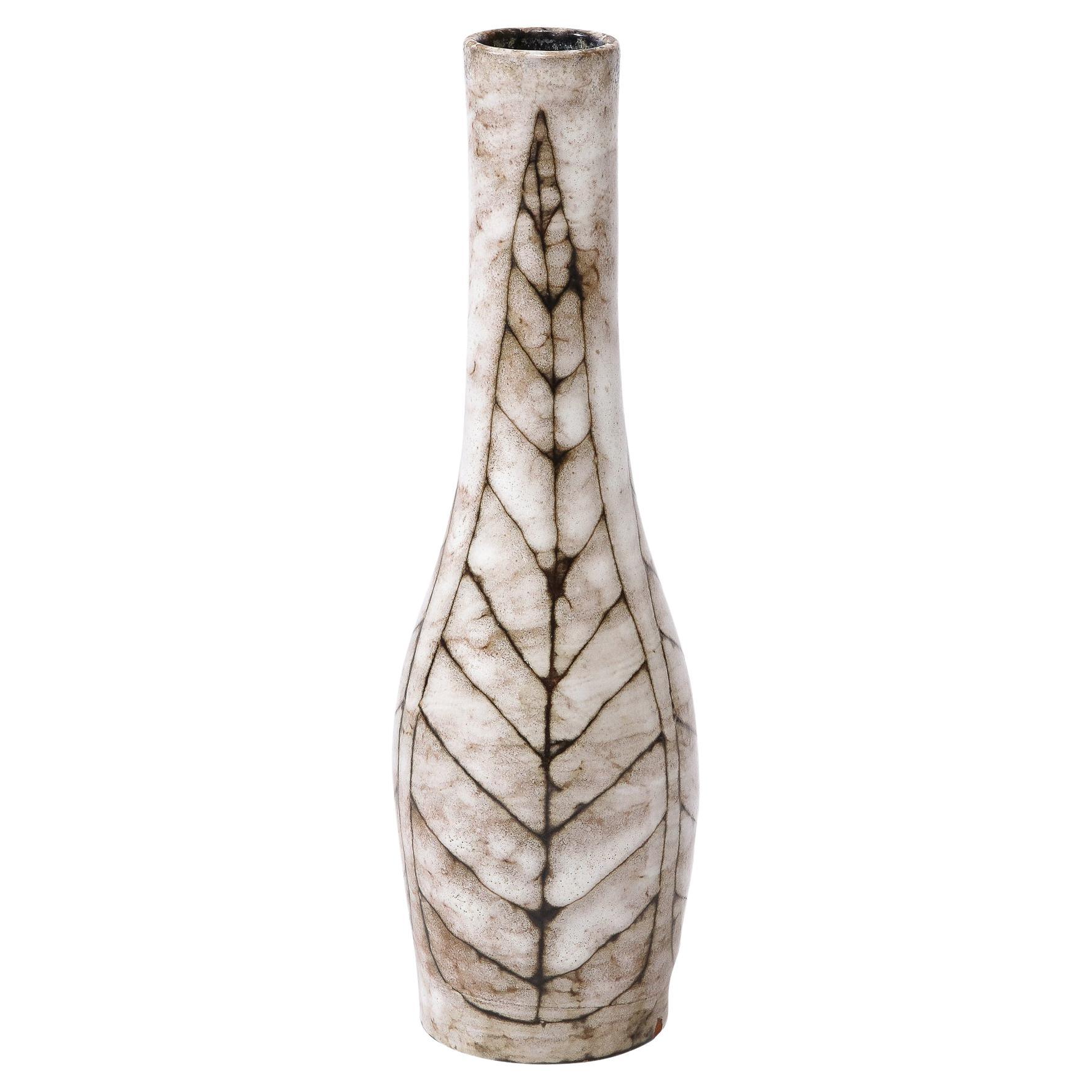 Mid-Century Modernist White and Earth Toned Tapered Ceramic Vase w/ Leaf Motif  For Sale