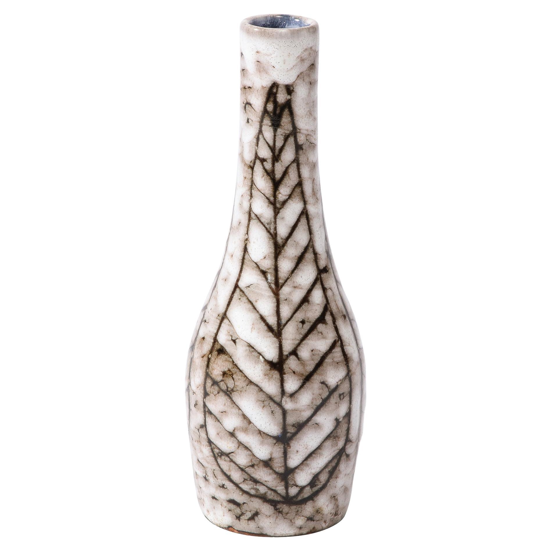 Mid-Century Modernist White and Earth Toned Tapered Ceramic Vase W/ Leaf Motif For Sale