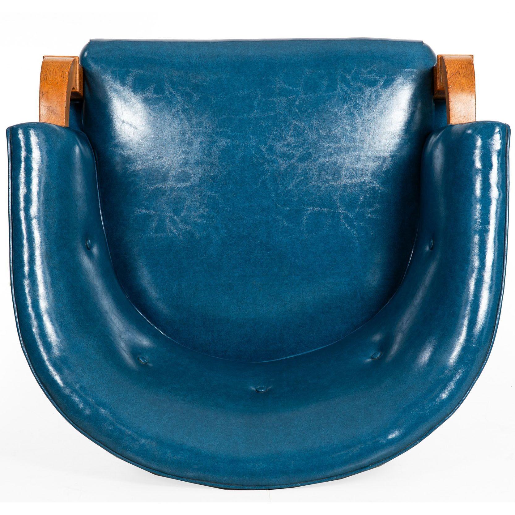 Mid-Century Modernist White Oak Tub Arm Chair in Blue Faux-Leather For Sale 8