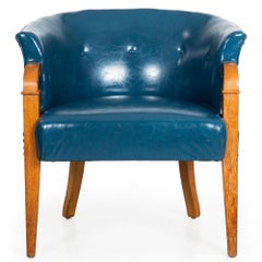 Mid-Century Modernist White Oak Tub Arm Chair in Blue Faux-Leather